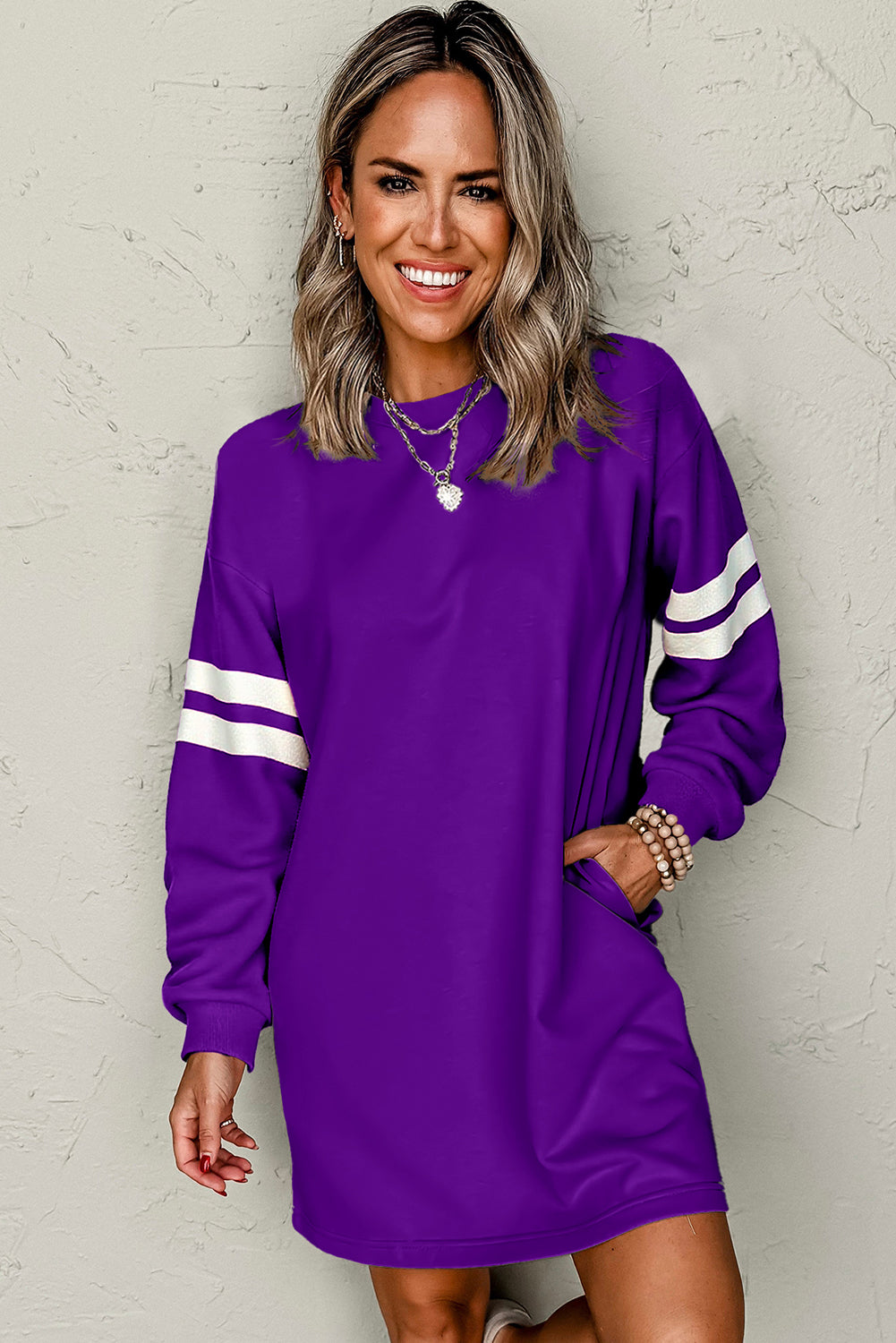 Tillandsia Purple Preppy Striped Sleeve Loose Mini Dress