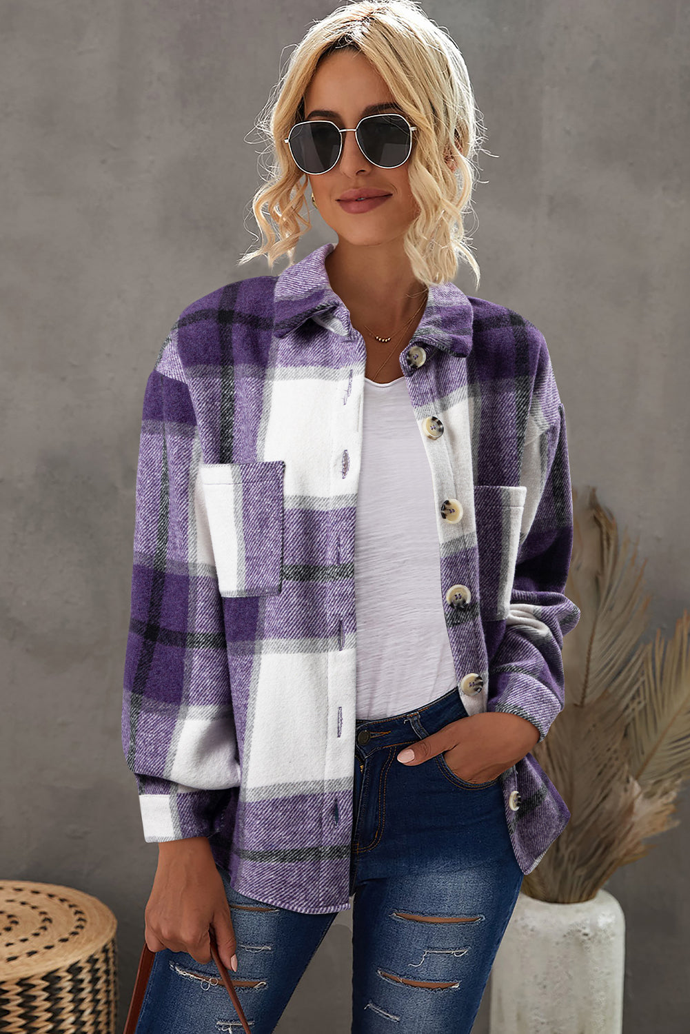 Plaid Button-Up Long Sleeve Pocketed Shacket