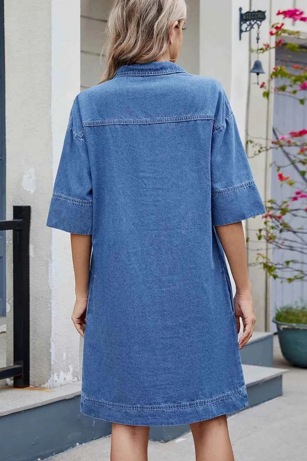 Johnny Collar Denim Dress - Half Sleeve Design