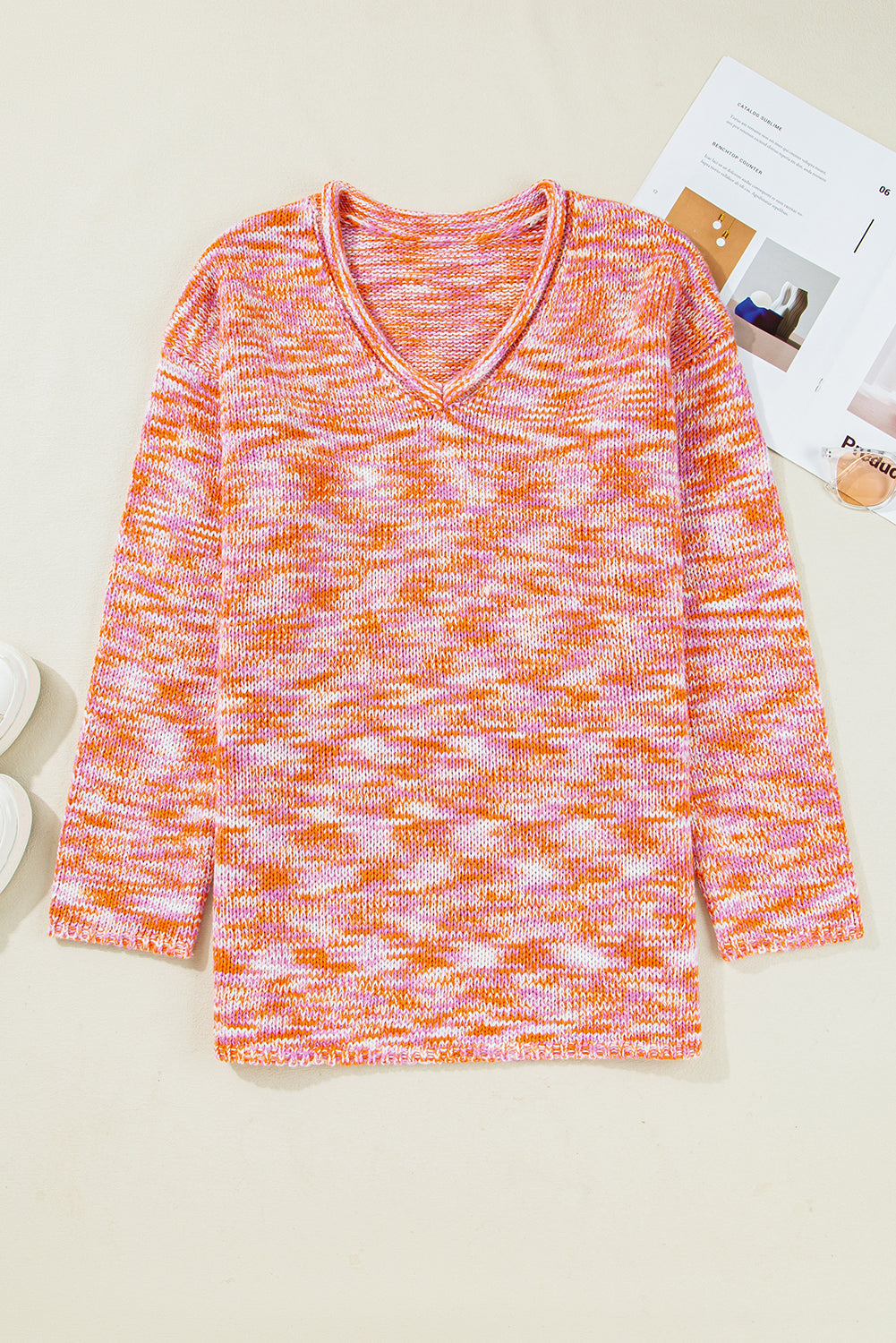 Orange Vibrant Abstract Print Drop Shoulder V Neck Oversized Sweater