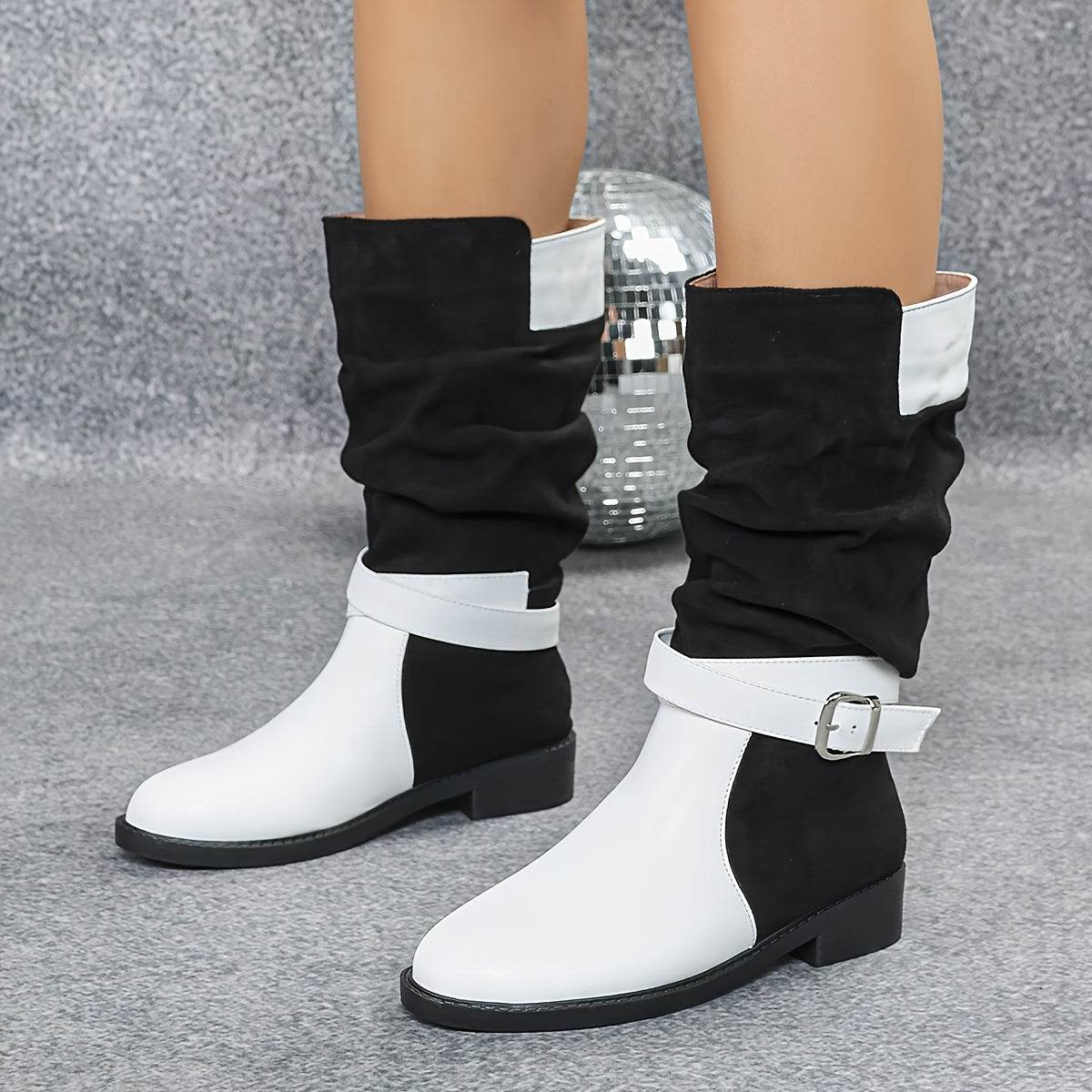 Elegant Black White ColorBlock Pleated MidCalf Boots