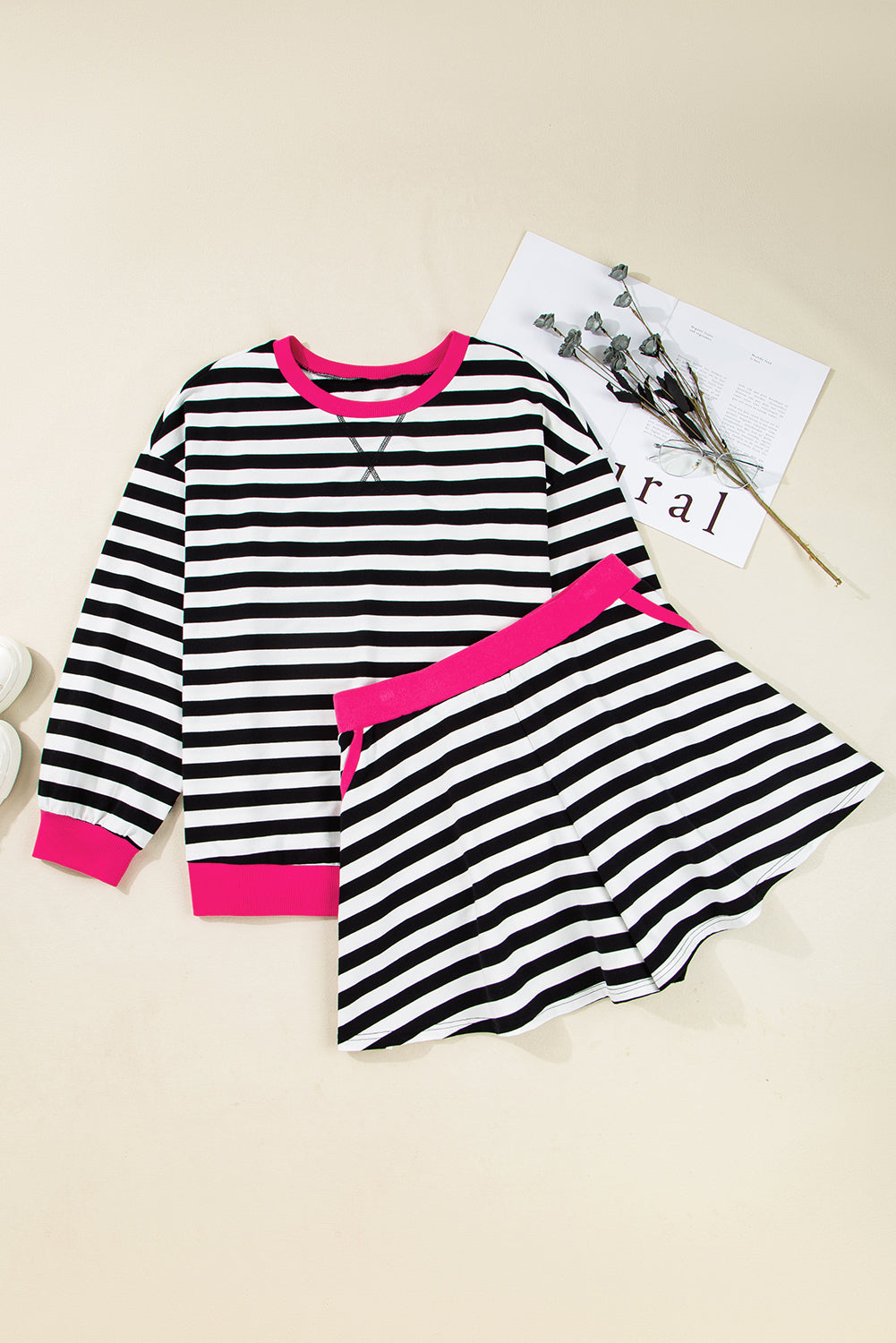Black Stripe Color Block Edge Pullover and Shorts Plus Size Set
