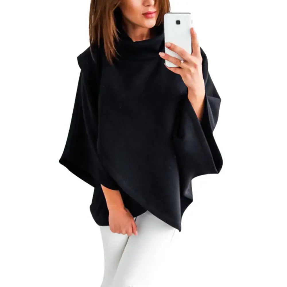 High Neck Batwing Crossed Poncho Cloak Cape Solid Batwing Sleeve Hoodies