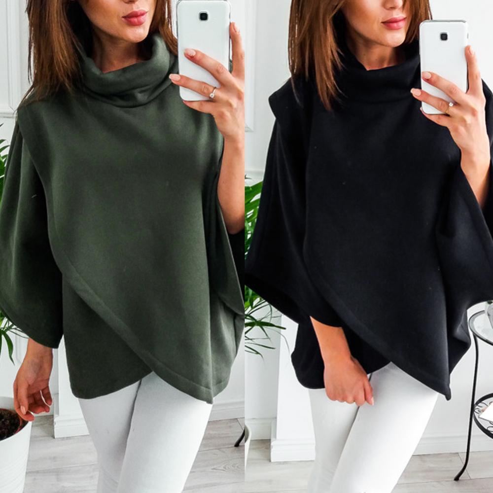 High Neck Batwing Crossed Poncho Cloak Cape Solid Batwing Sleeve Hoodies