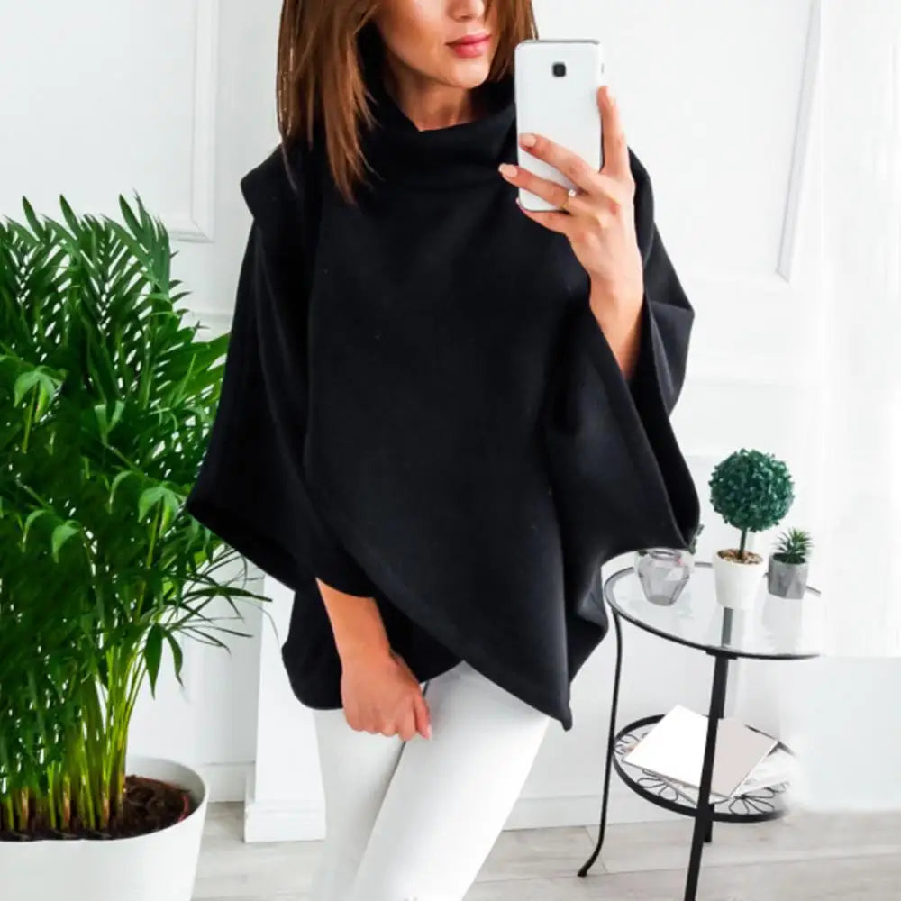 High Neck Batwing Crossed Poncho Cloak Cape Solid Batwing Sleeve Hoodies