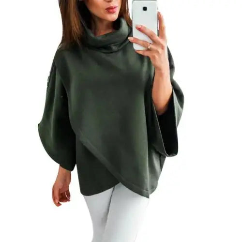 High Neck Batwing Crossed Poncho Cloak Cape Solid Batwing Sleeve Hoodies