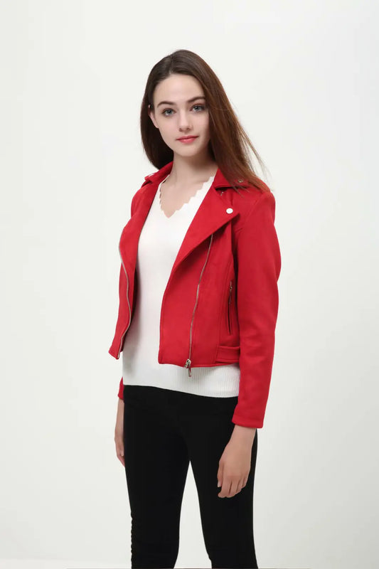 Suede Lapel Long Sleeve Zipper Detail Leather Jacket
