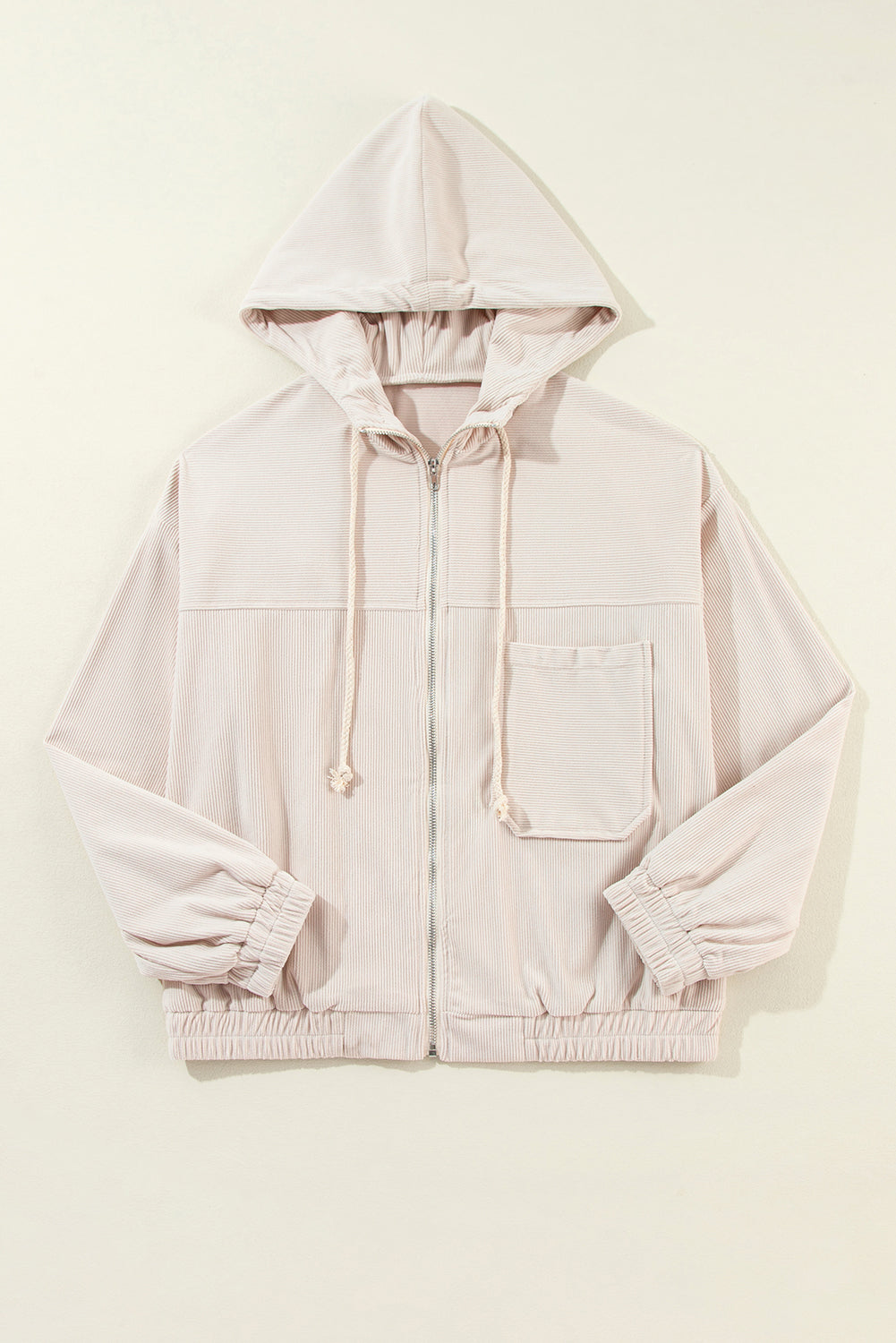 Solid Corduroy Zip-Up Pocketed Hooded Jacket