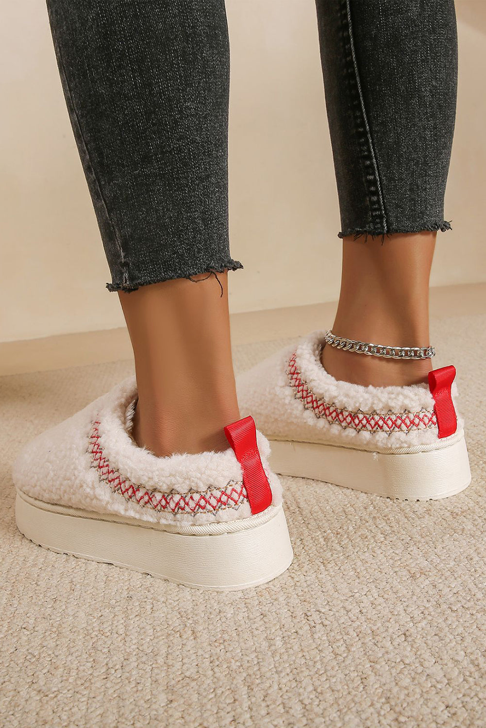 White Embroidered Sherpa Plush Thick Sole Winter Slippers