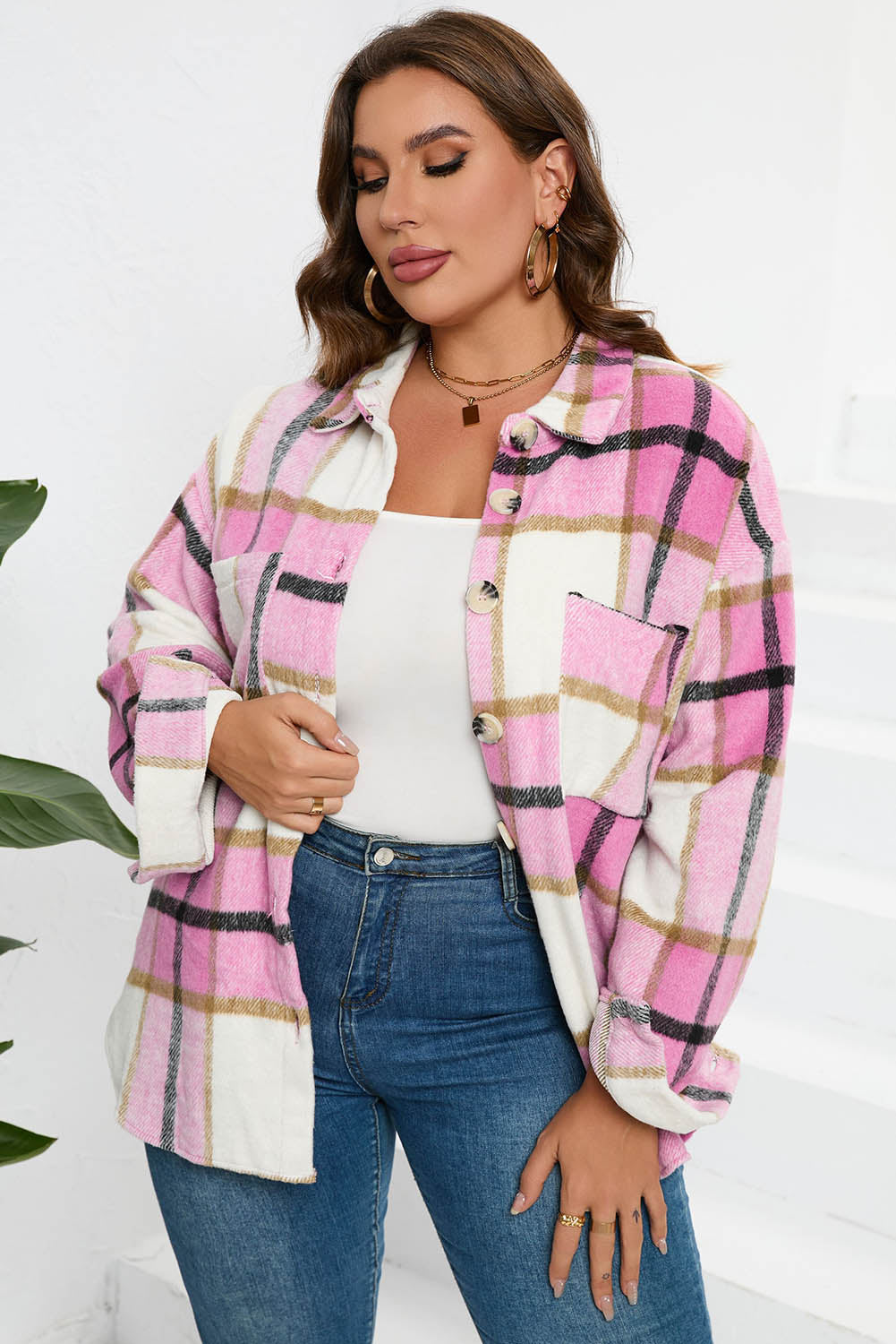 Plaid Button-Up Long Sleeve Pocketed Shacket