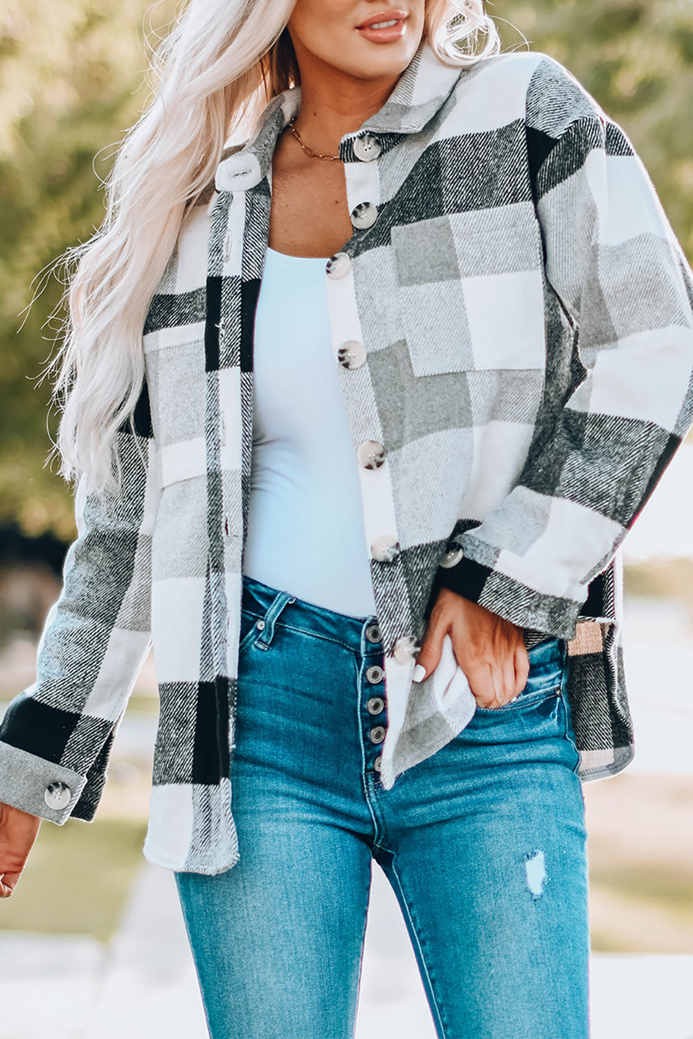 Plaid Button-Up Long Sleeve Pocketed Shacket