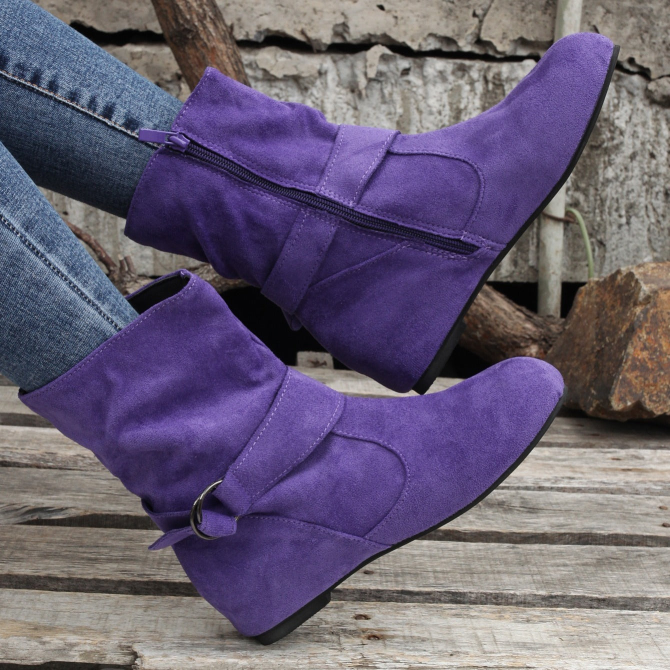 Ankle Boots Round Toe Buckle Belt Side Zipper Boots