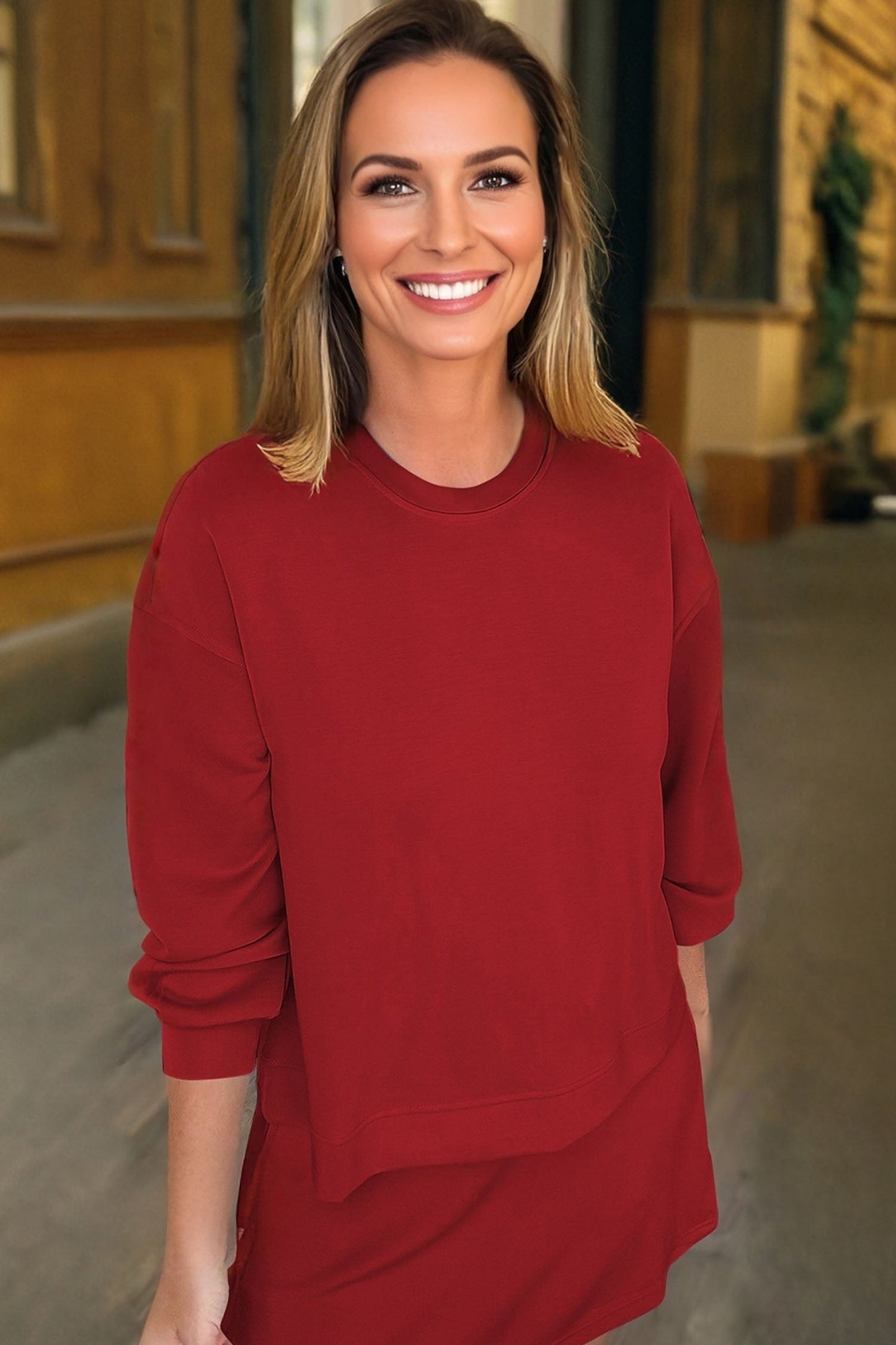 Solid Drop Shoulder Pullover and Mini Skirt Set