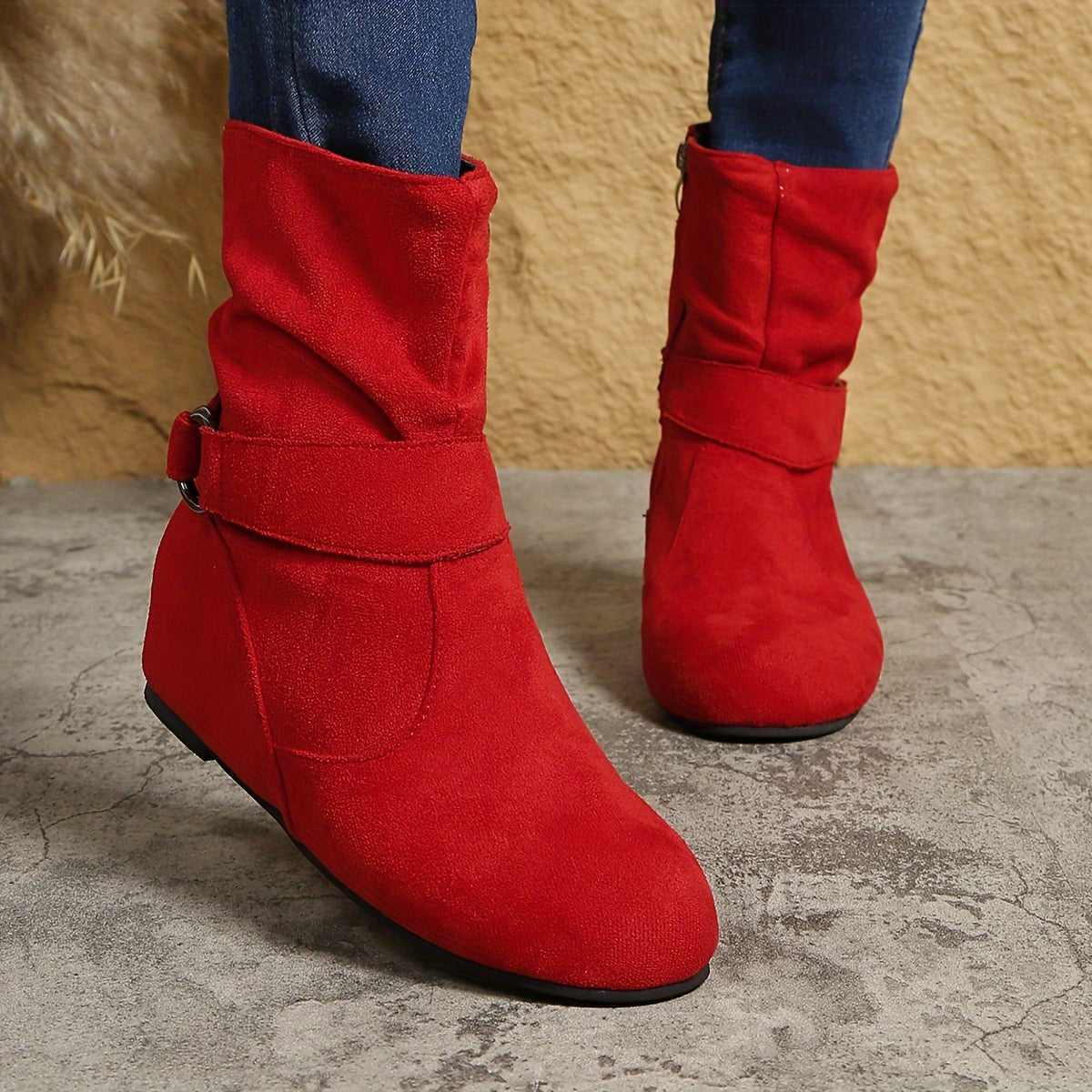 Ankle Boots Round Toe Buckle Belt Side Zipper Boots