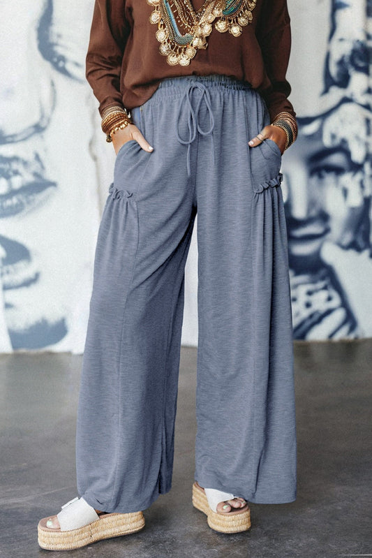 Solid Frilled Leg Drawstring Elastic Waist Pants