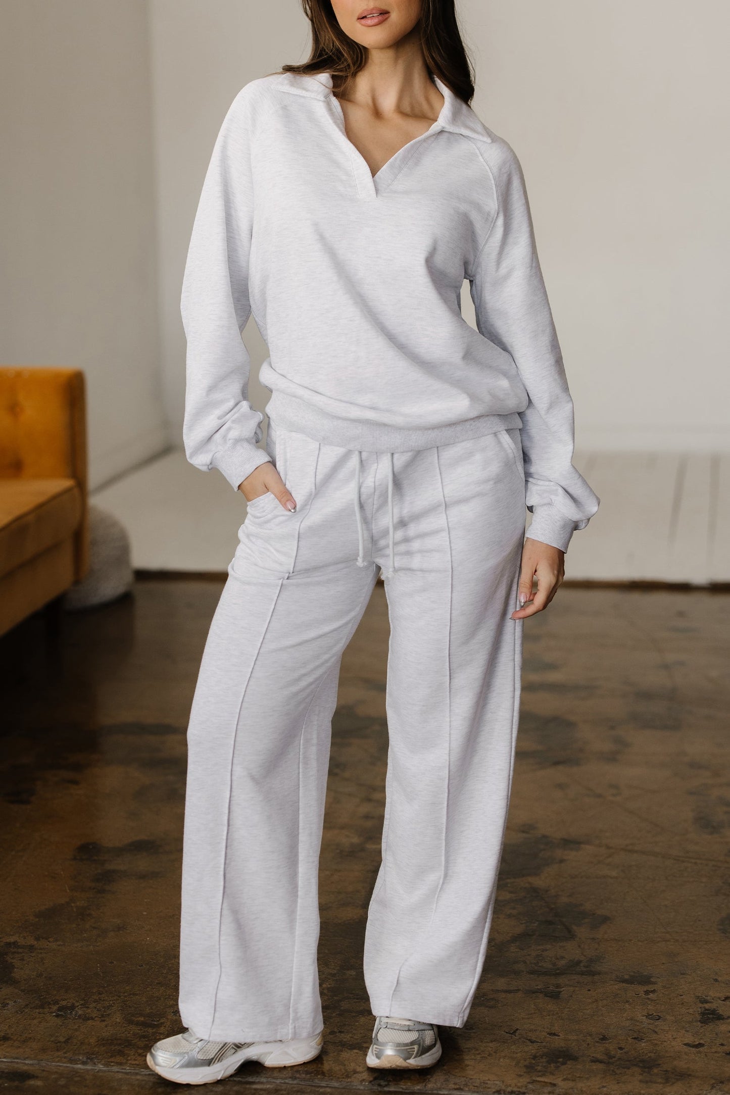 Solid V-Neck Pullover and Drawstring Sweatpants Set