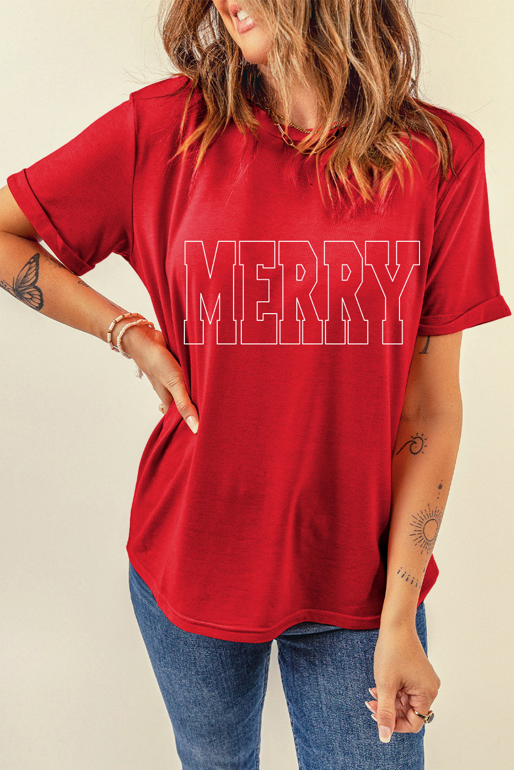 Red MERRY Transfer Vinyl Process Christmas Graphic Tee