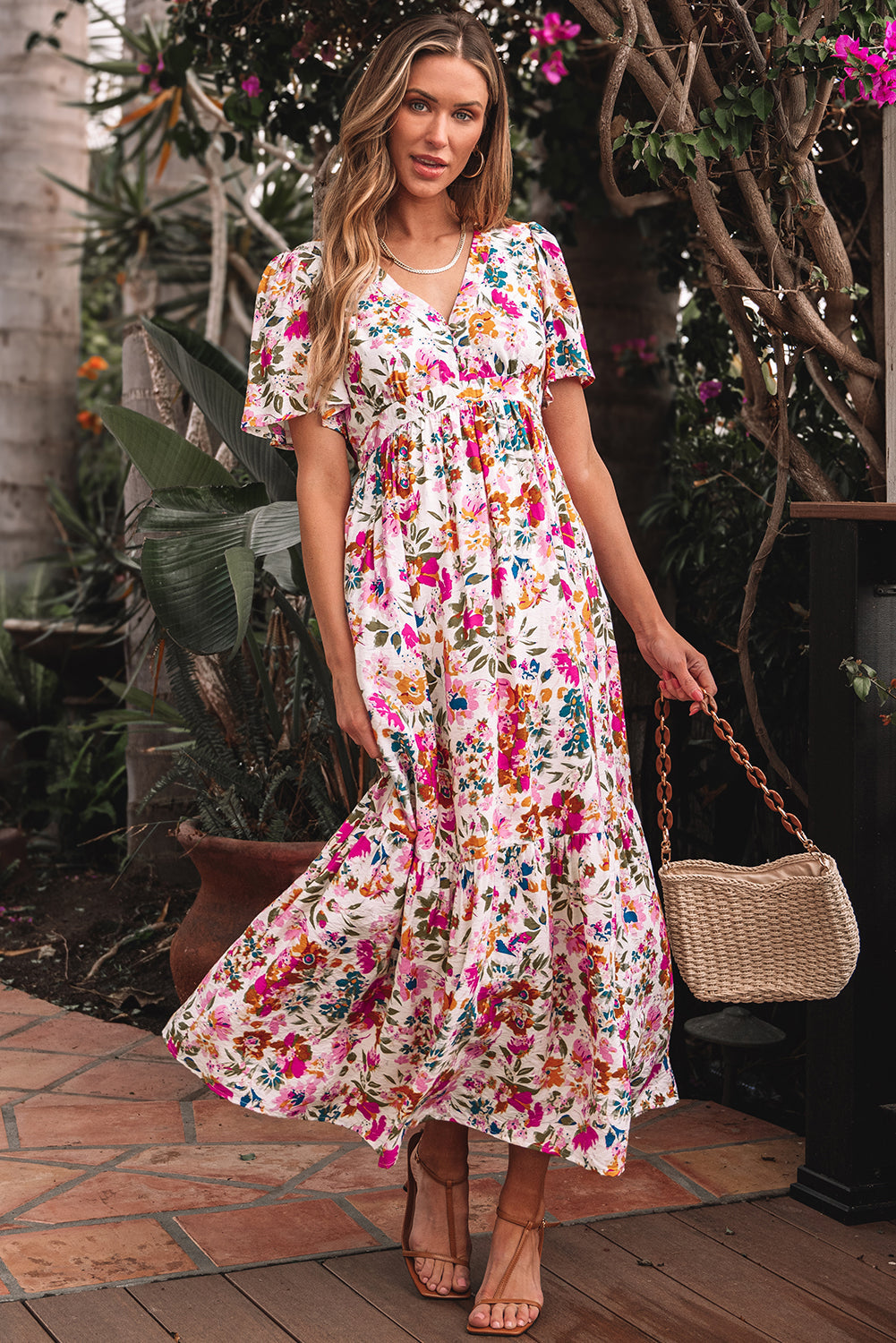 Floral V-Neck Short Sleeve Maxi Dress