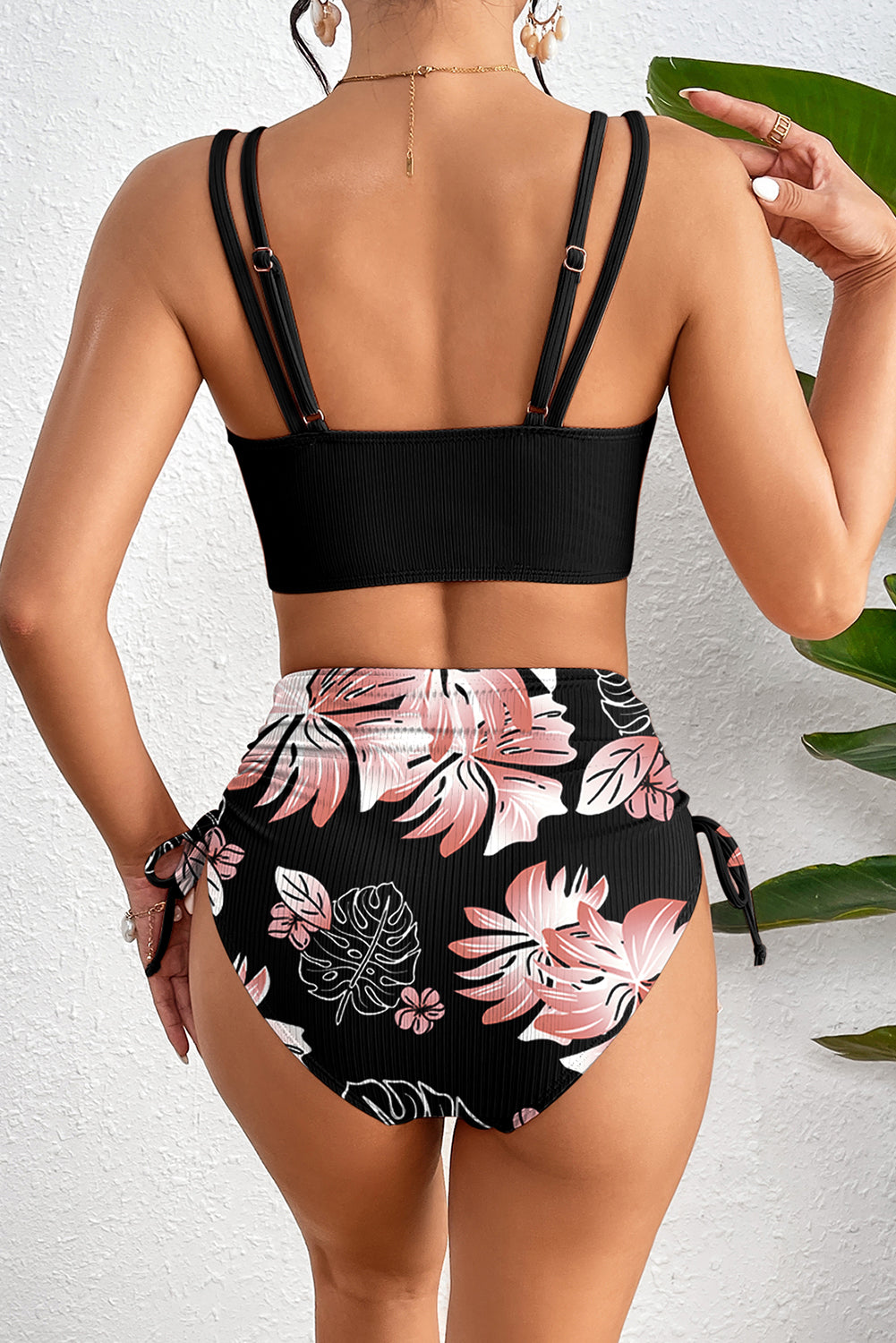 Tropical Colorblock Ribbed High Waist Bikini Swimsuit