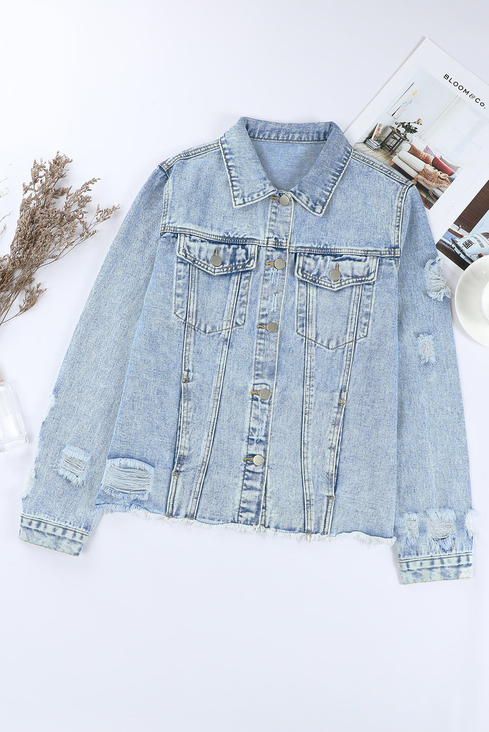 Denim Lapel Distressed Raw Hem Buttoned Jacket