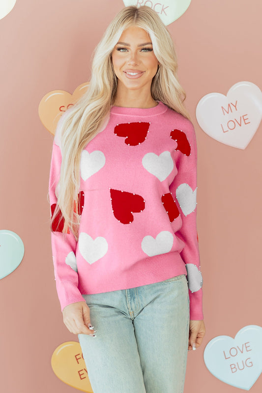 Valentine Heart Pearl Embellished Sweater