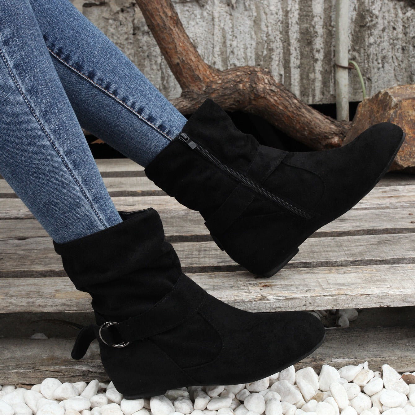 Ankle Boots Round Toe Buckle Belt Side Zipper Boots