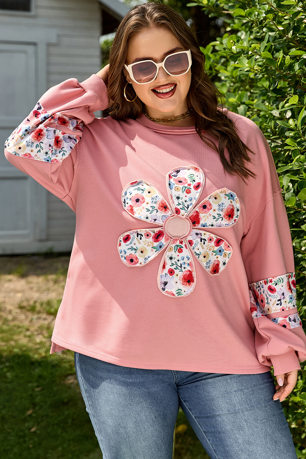 Plus Size Floral Applique Drop Shoulder Sweatshirt