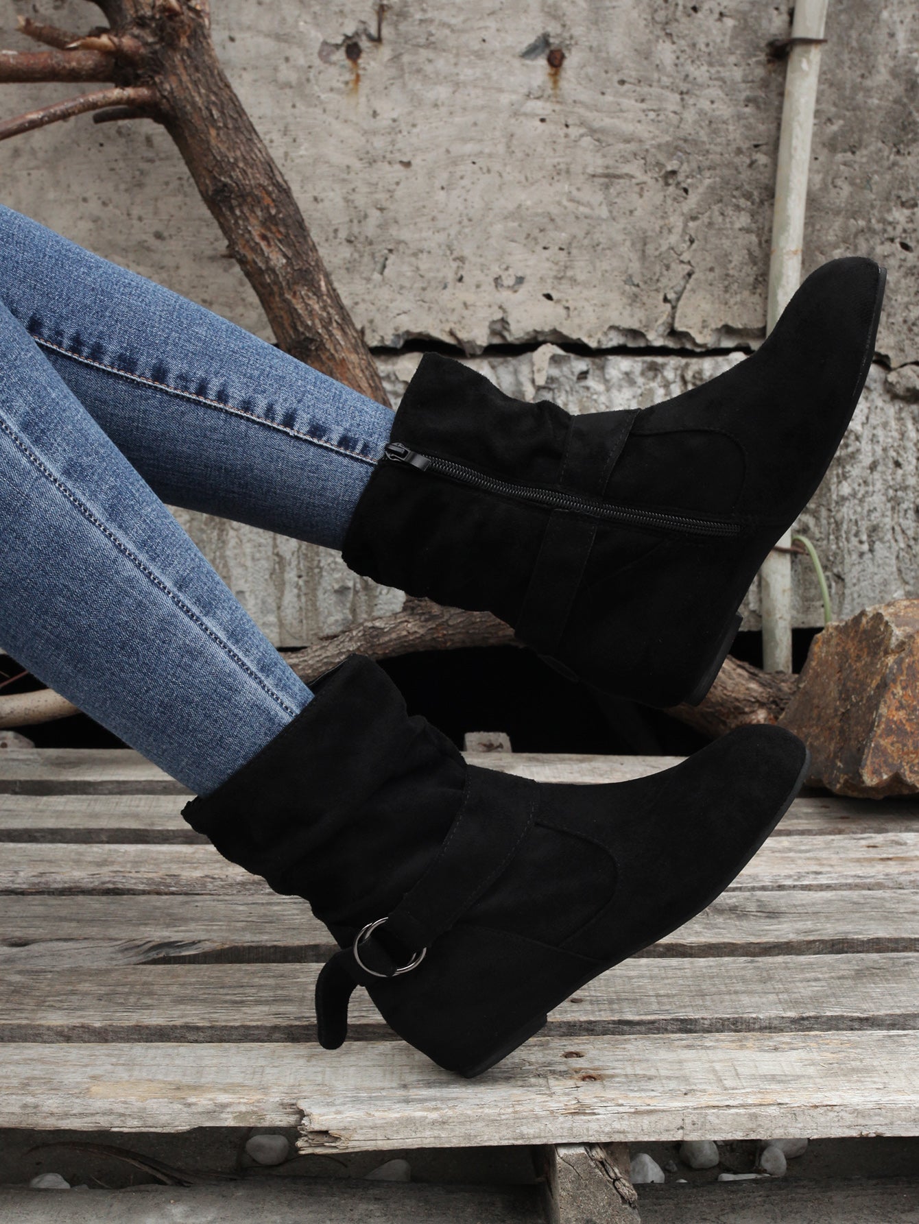 Ankle Boots Round Toe Buckle Belt Side Zipper Boots