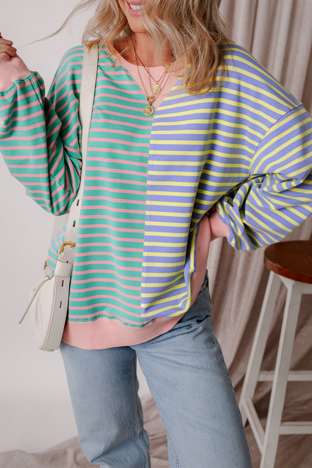 Stripe Colorblock Drop Shoulder Oversized Sweatshirt