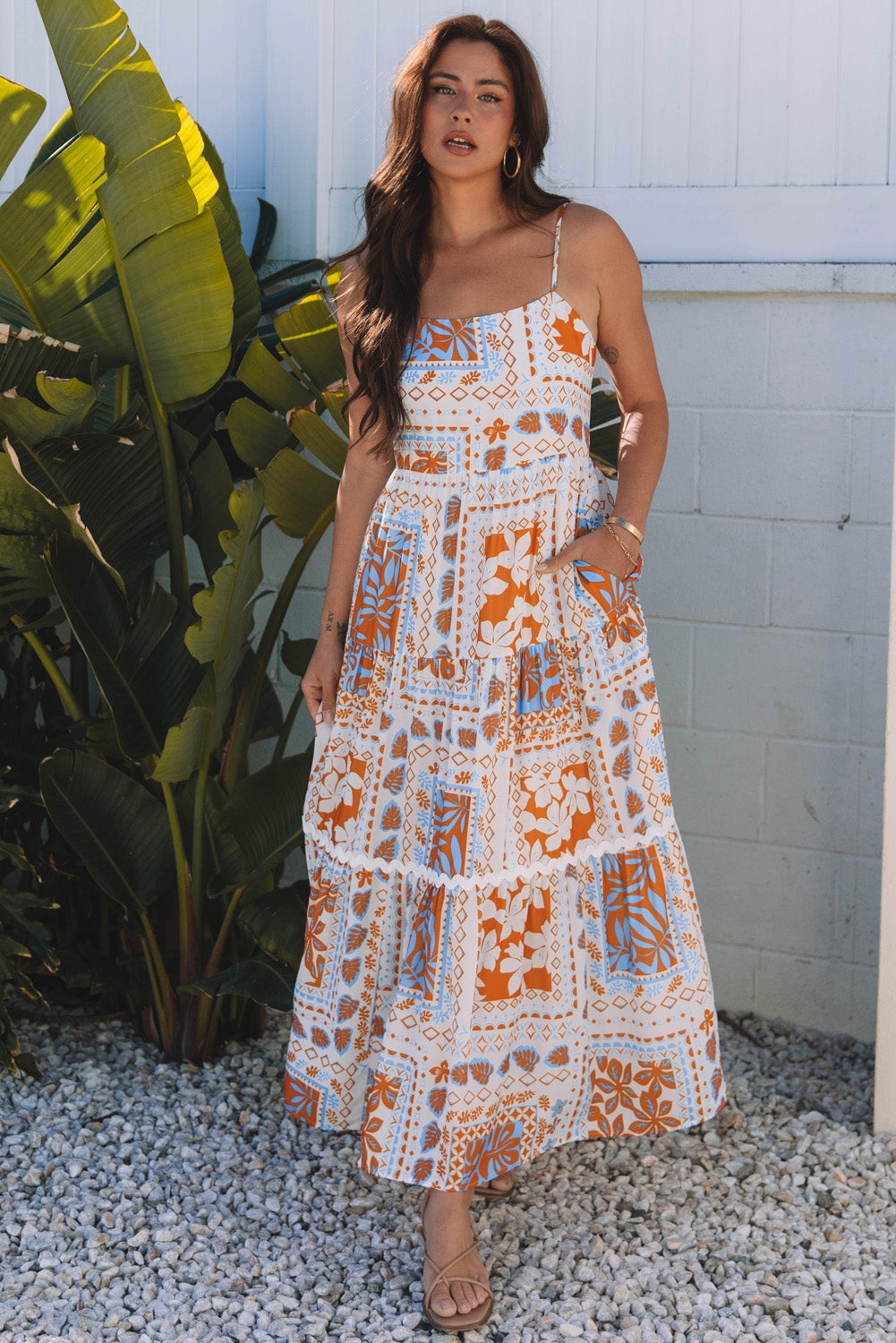 Floral Ricrac Trim Spaghetti Strap Maxi Dress