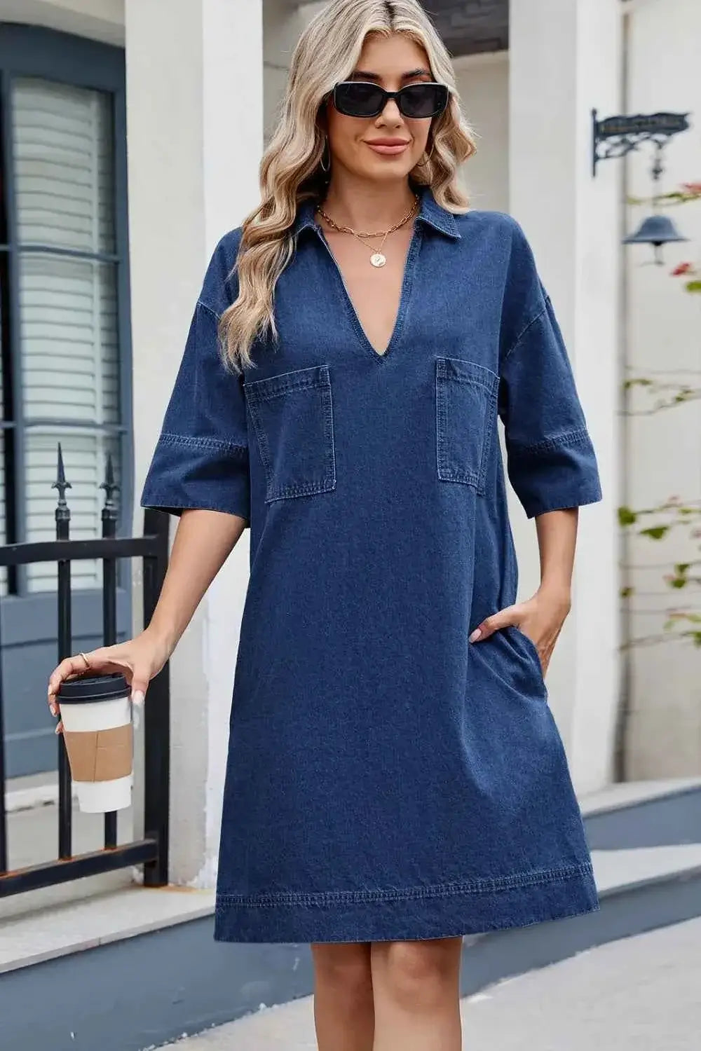 Johnny Collar Denim Dress - Half Sleeve Design