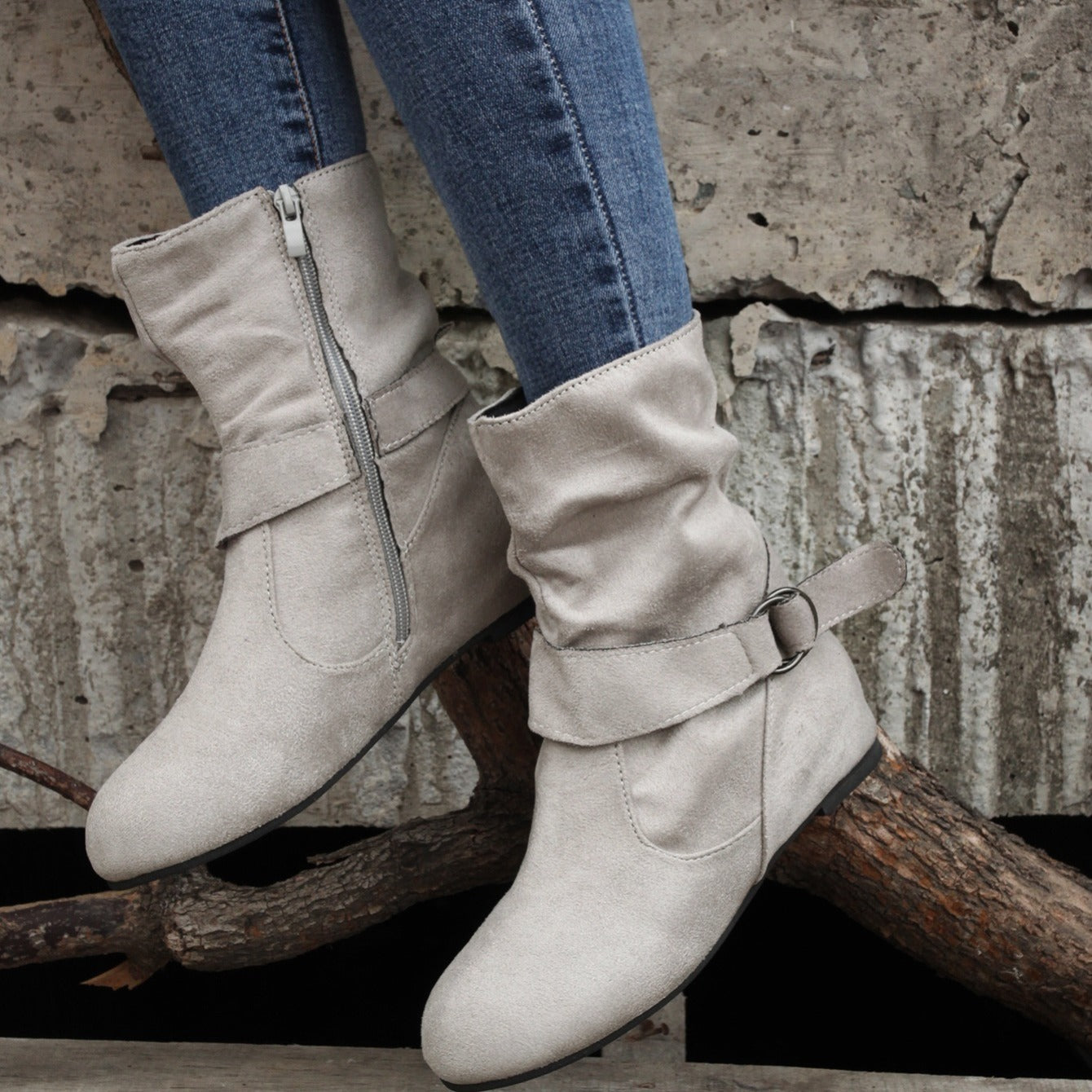 Ankle Boots Round Toe Buckle Belt Side Zipper Boots