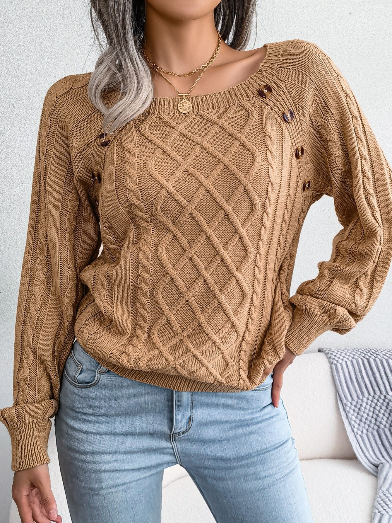 Texture Button Lantern Sleeve Sweater