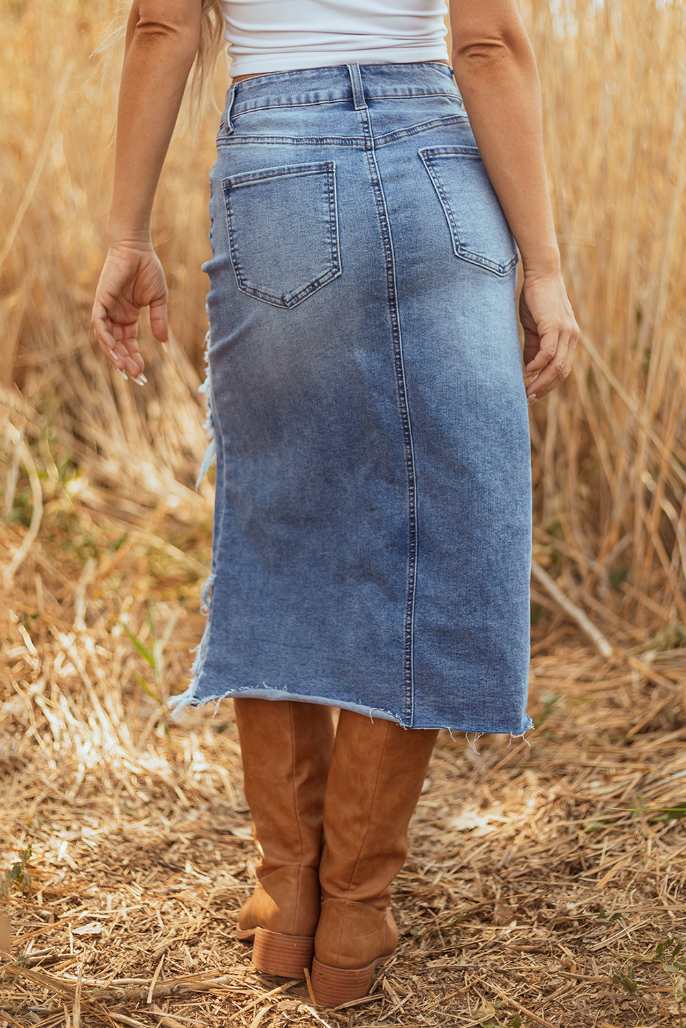 Denim Distressed Midi Skirt