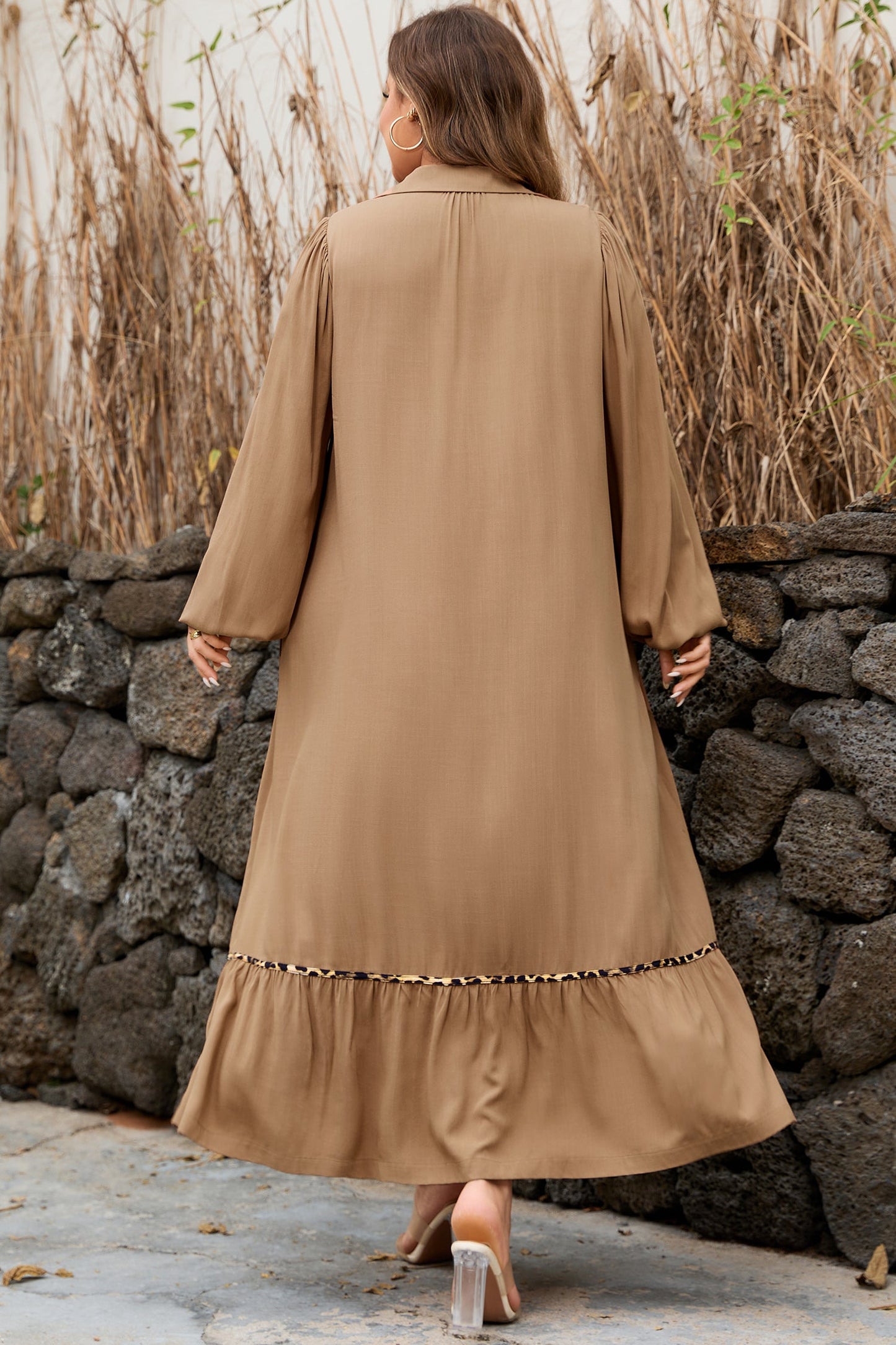 Plus Size Smocked V-Neck Leopard Piping Maxi Dress