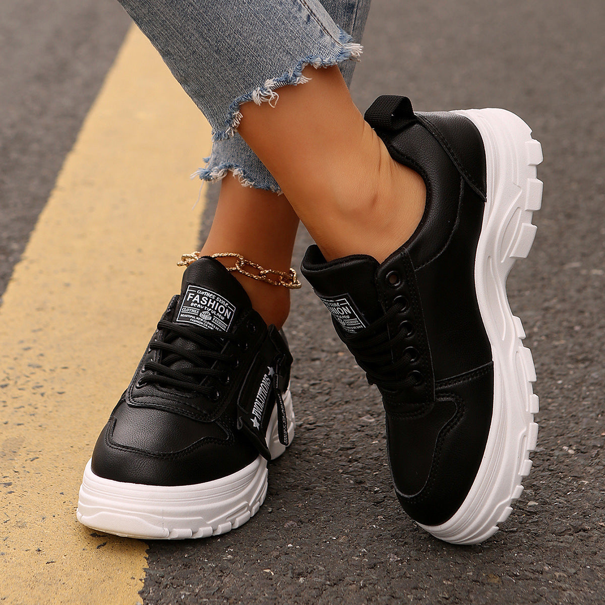 Women’s Lace‑Up Side‑Zipper Sports Sneakers