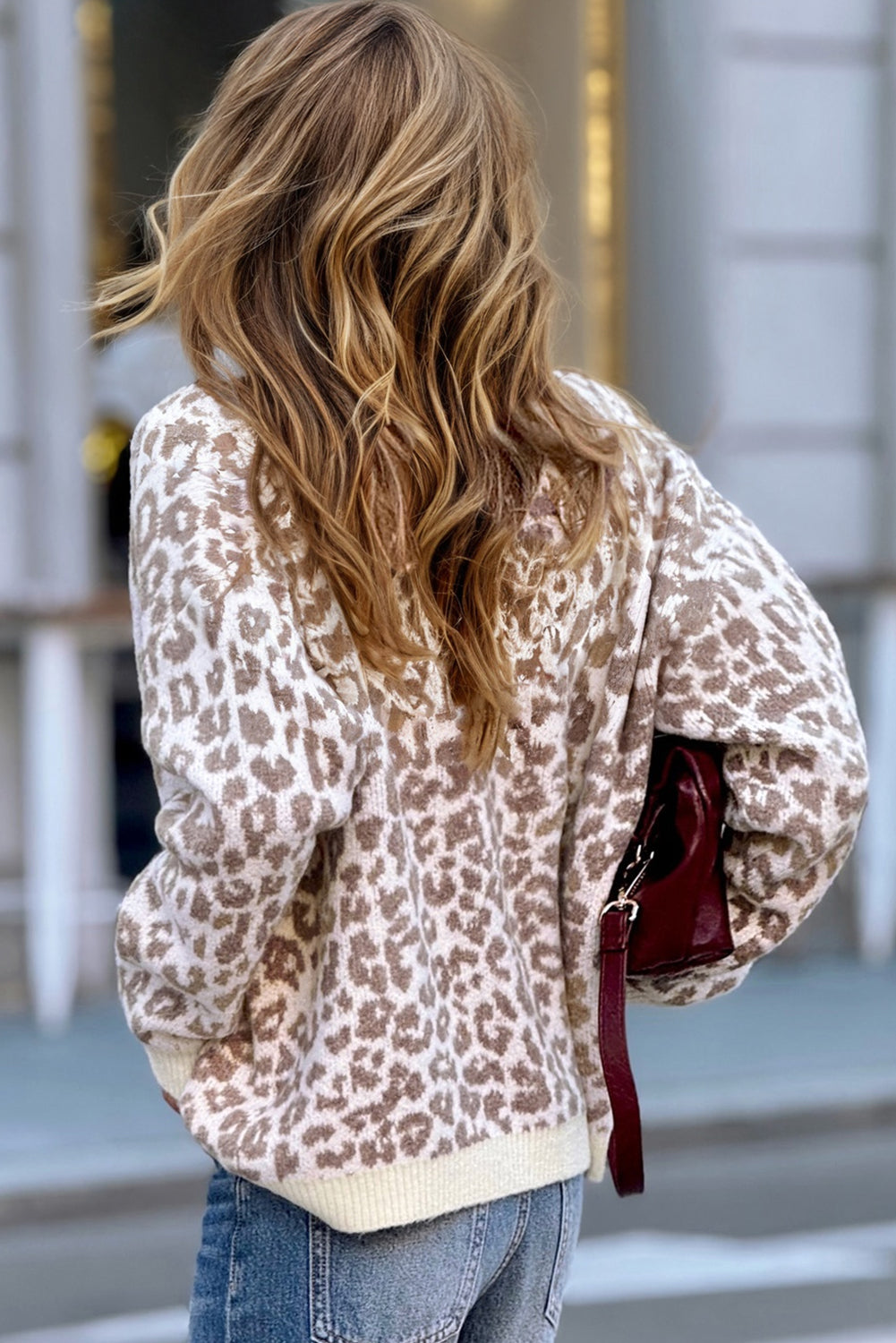 Leopard Drop Shoulder Chunky Cardigan Sweater