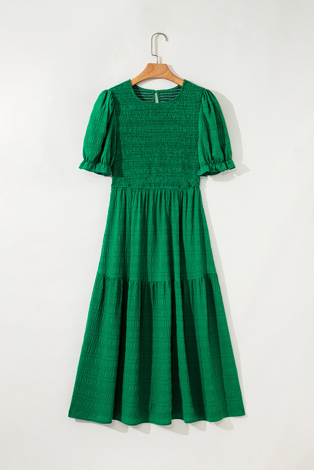 Solid Textured Smocked Puff Short Sleeve Maxi Dress