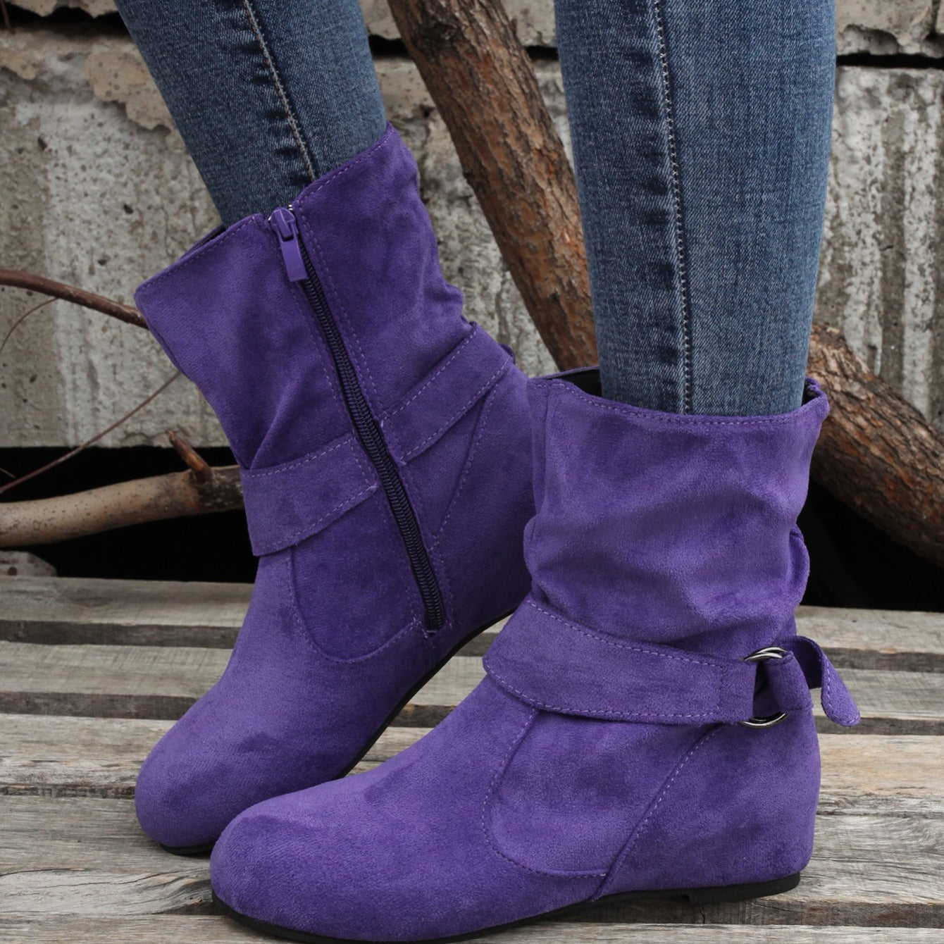 Ankle Boots Round Toe Buckle Belt Side Zipper Boots