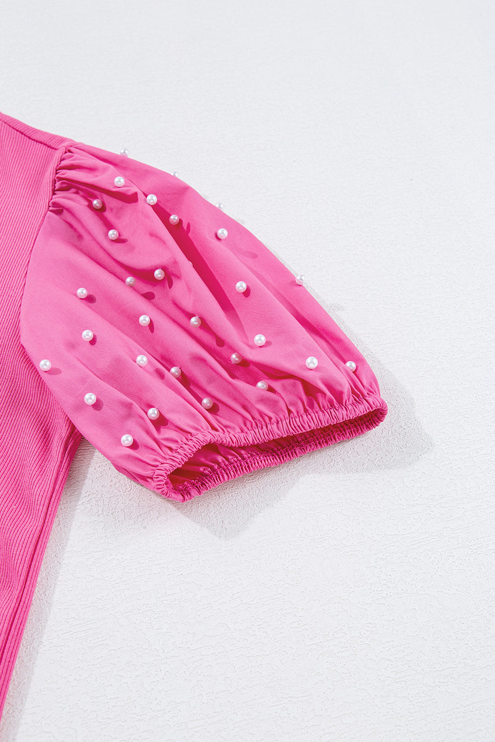 Ribbed Pearl Beaded Puff Sleeve Top