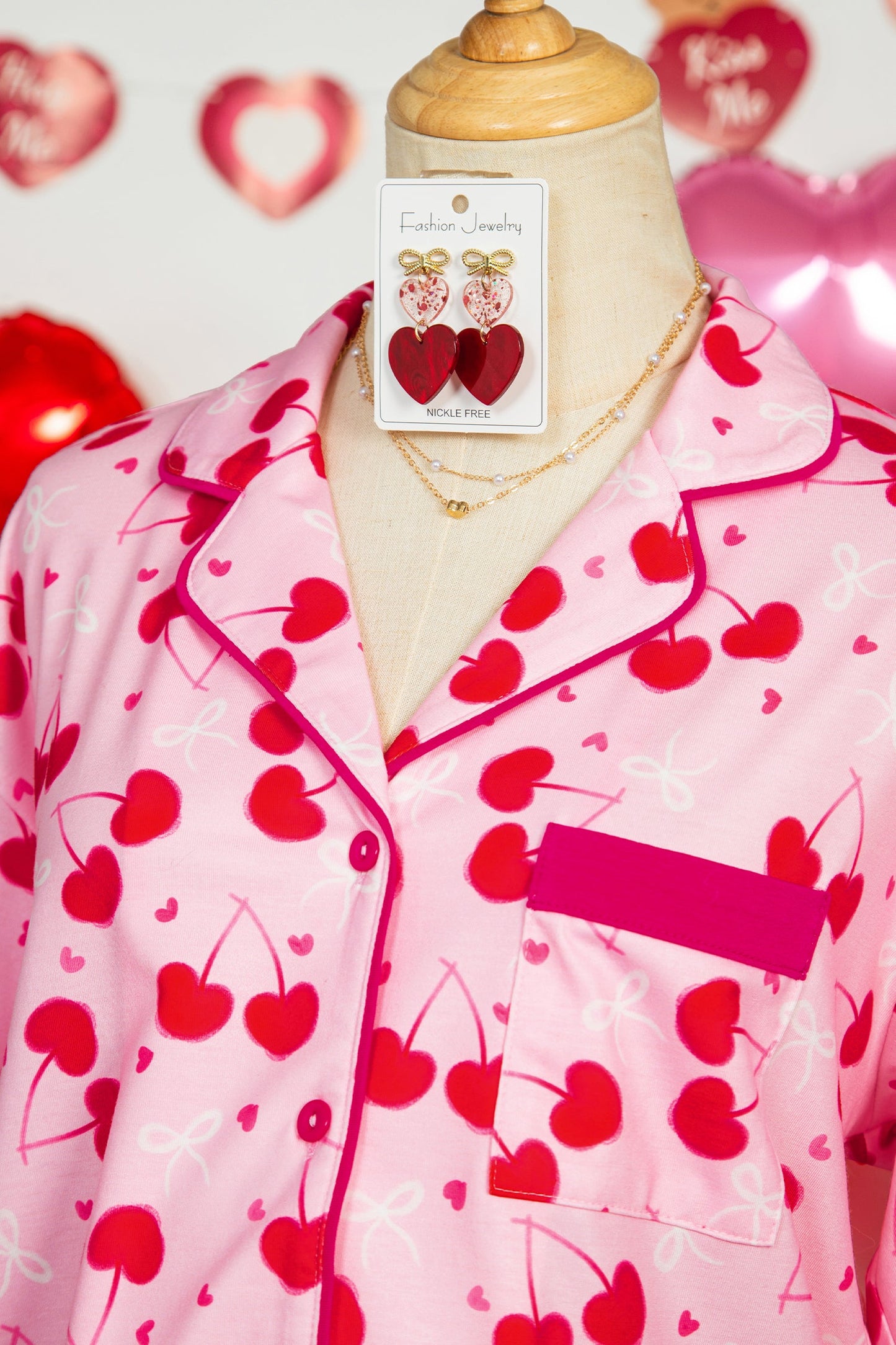 Cherry Bow Tie Top and Shorts Pajama Set