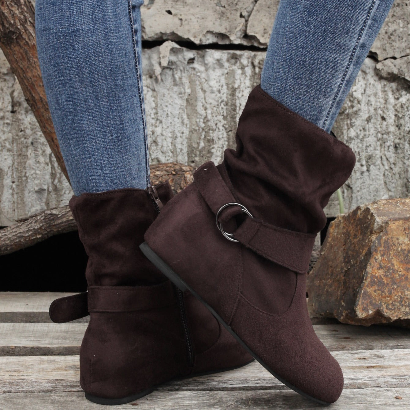 Ankle Boots Round Toe Buckle Belt Side Zipper Boots