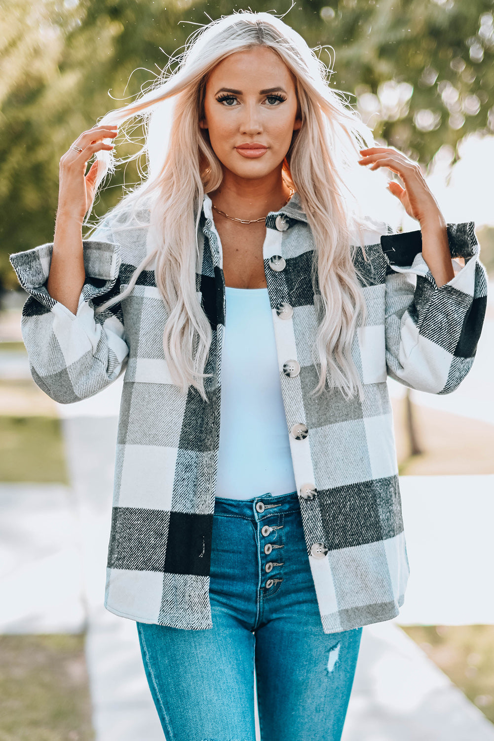Plaid Button-Up Long Sleeve Pocketed Shacket