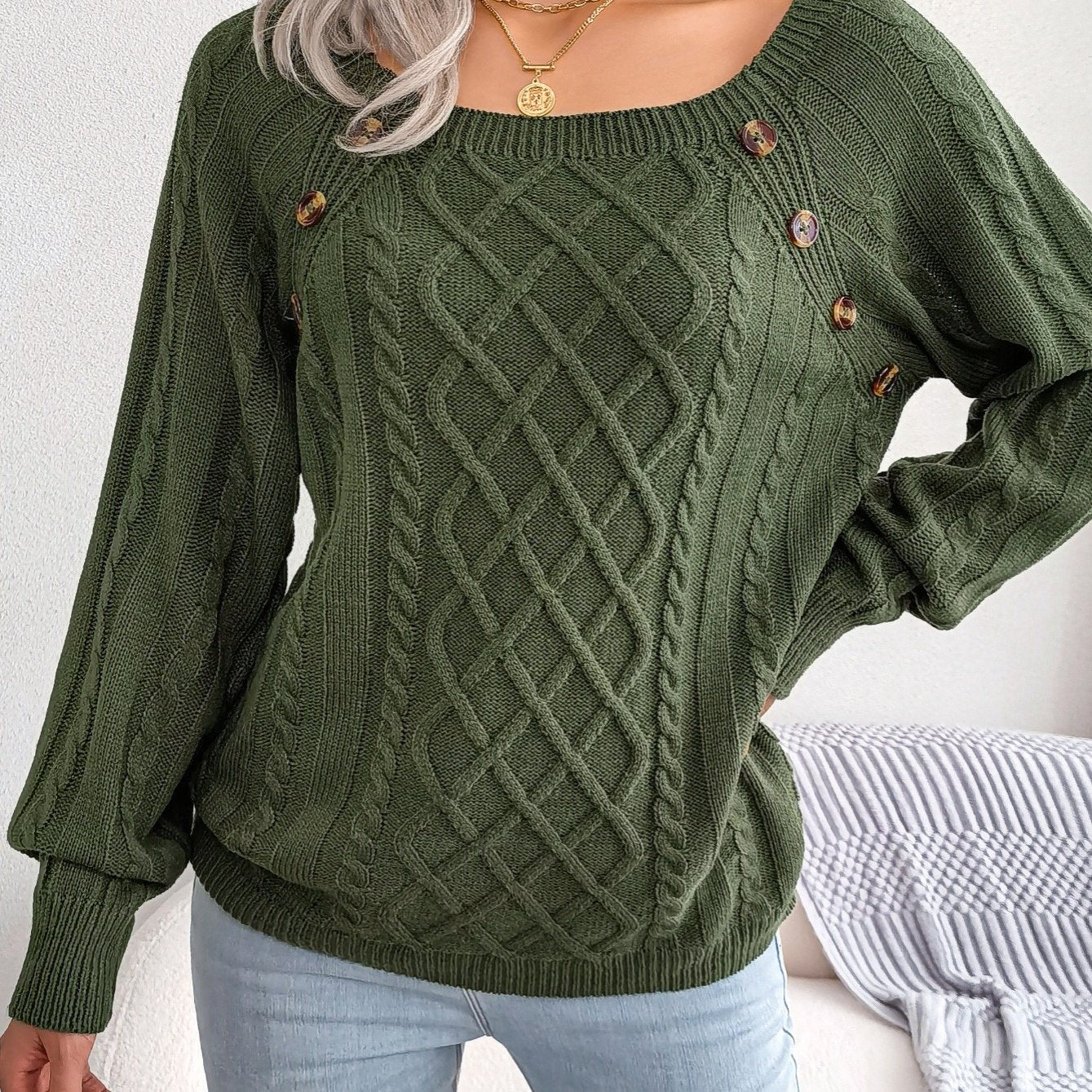 Texture Button Lantern Sleeve Sweater