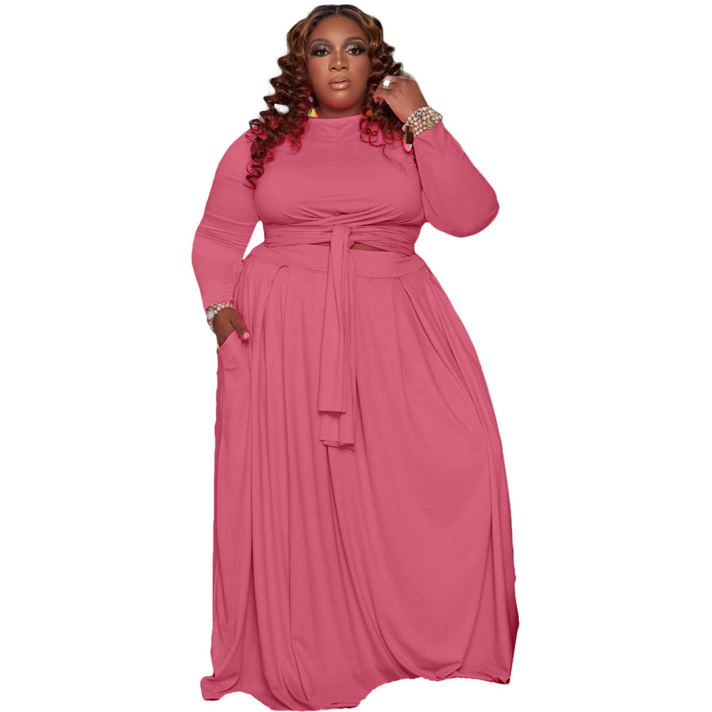 Plus Size Women's Sexy Two-Piece Skirt Set with Long Sleeves