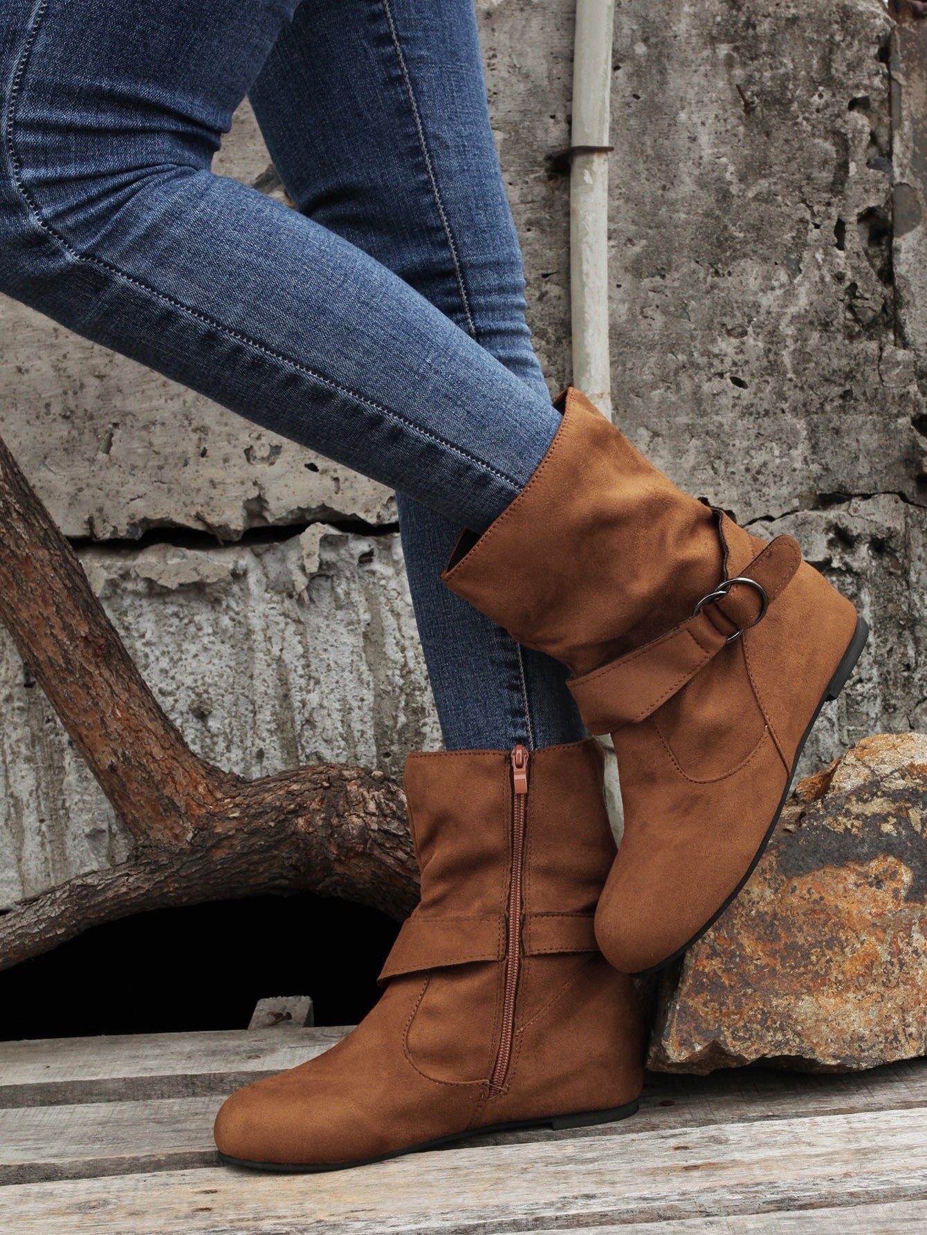 Ankle Boots Round Toe Buckle Belt Side Zipper Boots