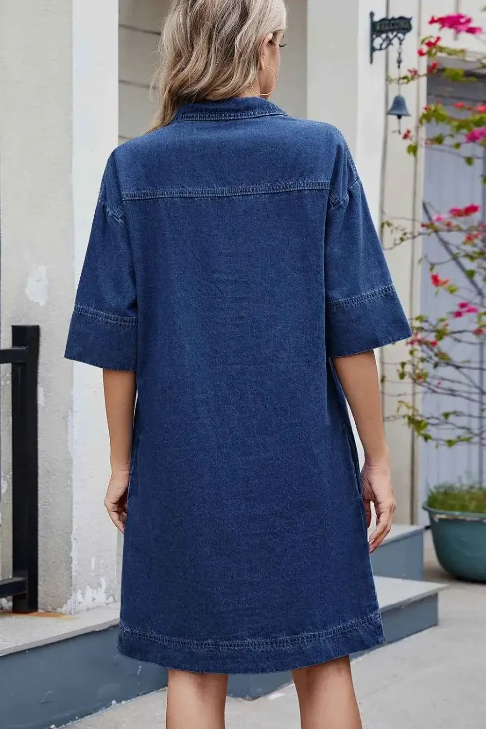 Johnny Collar Denim Dress - Half Sleeve Design