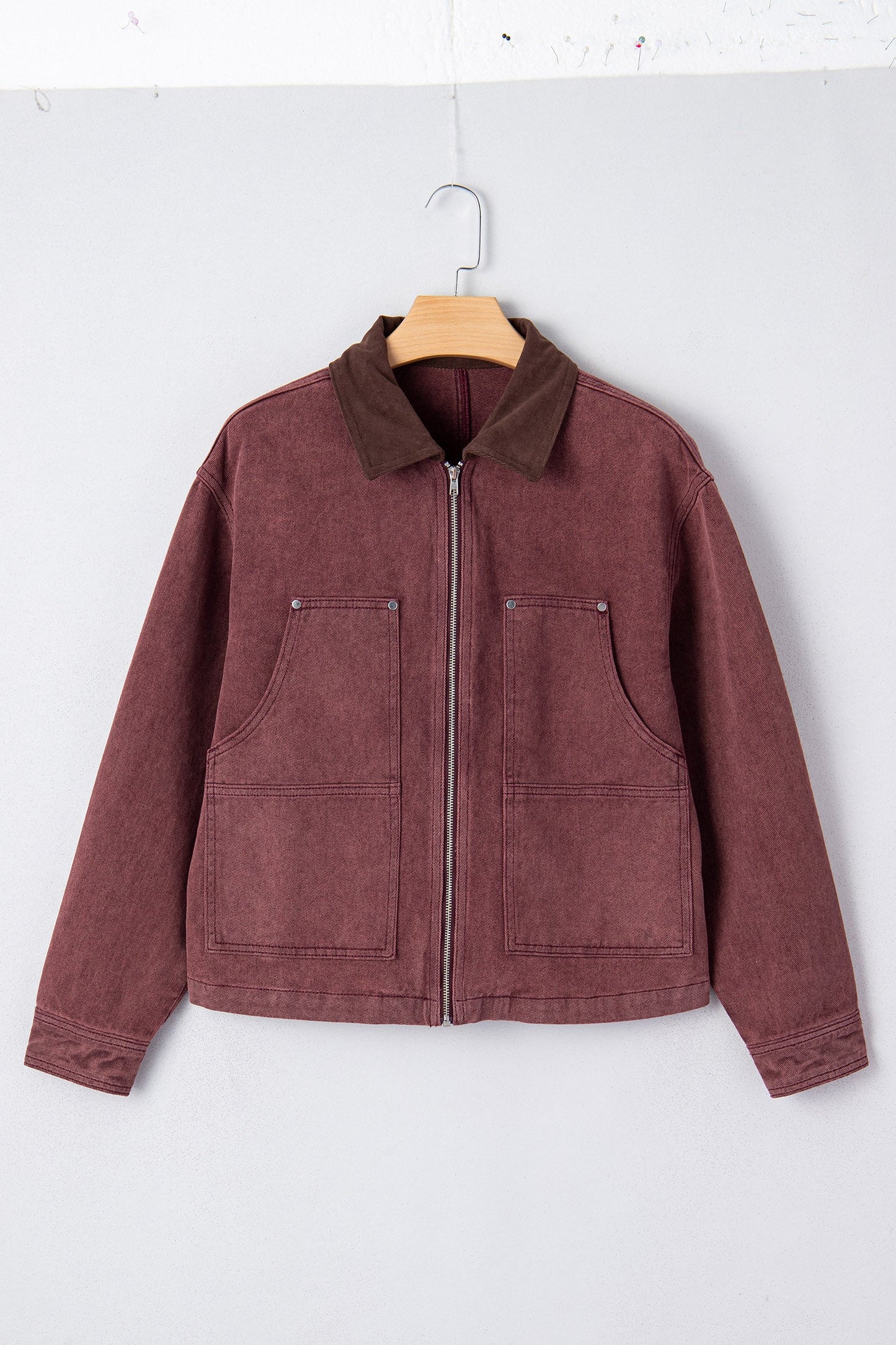 Corduroy Collar Zipped Front Denim Jacket
