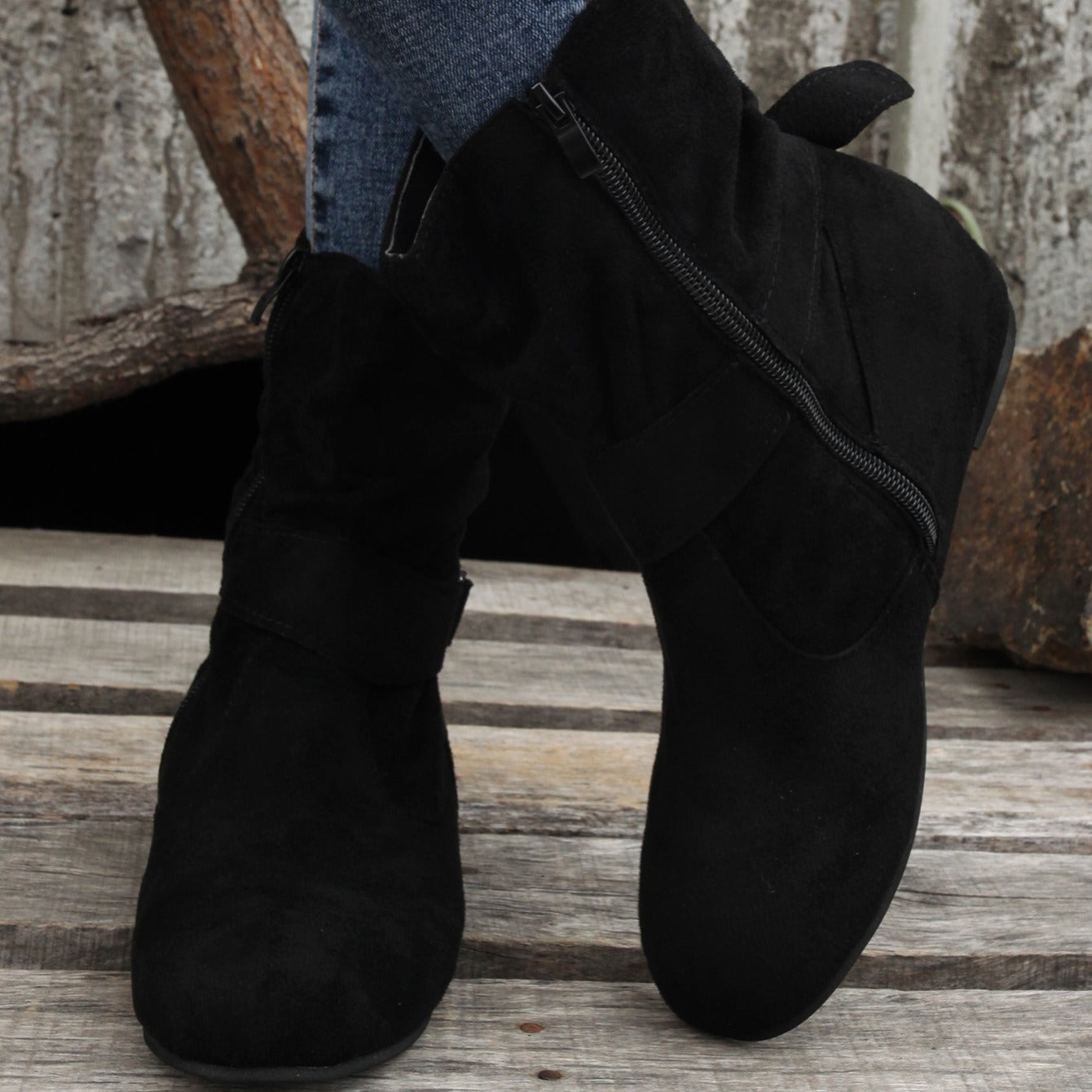 Ankle Boots Round Toe Buckle Belt Side Zipper Boots