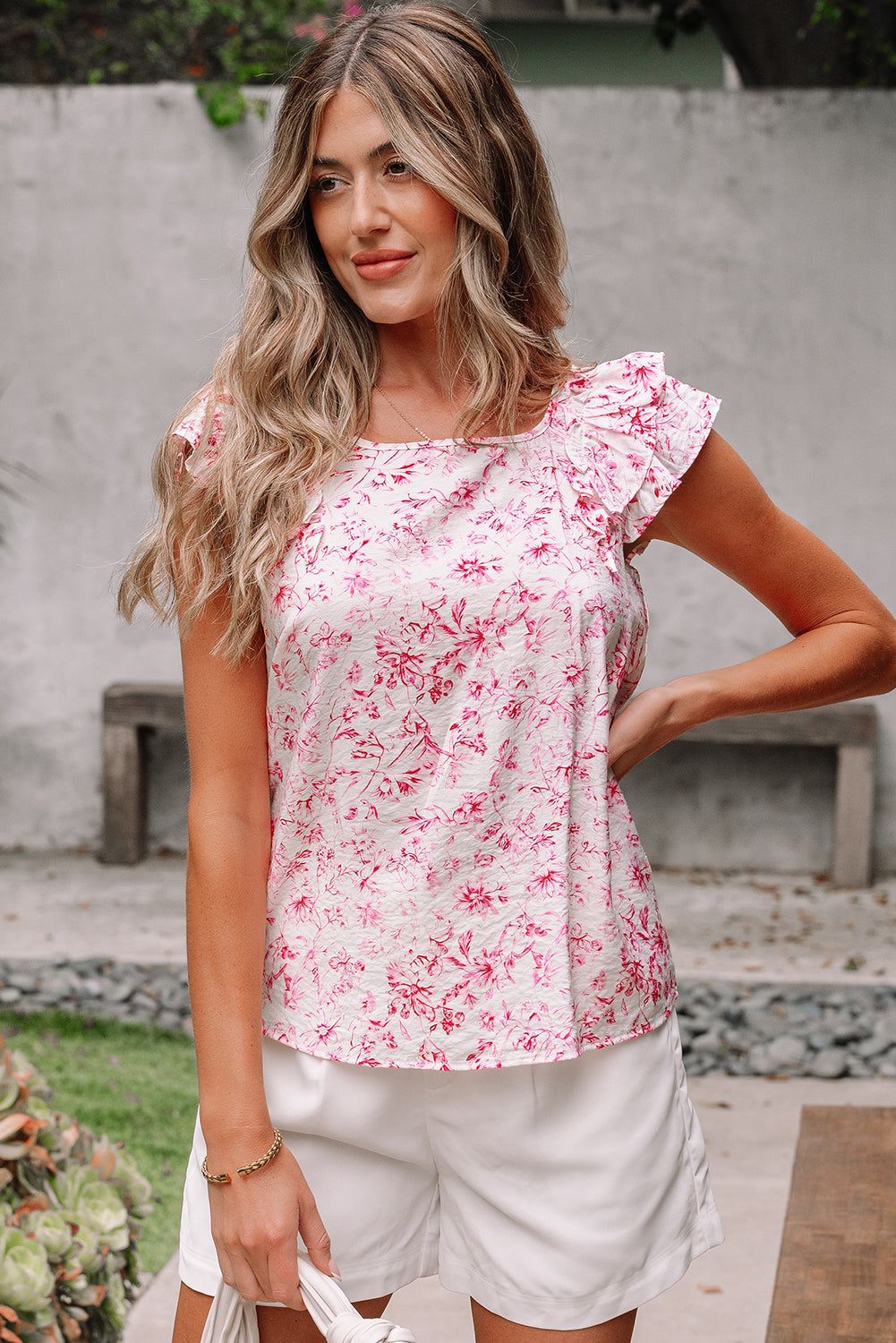 Floral Bow-Back Square Neck Ruffle Sleeve Blouse